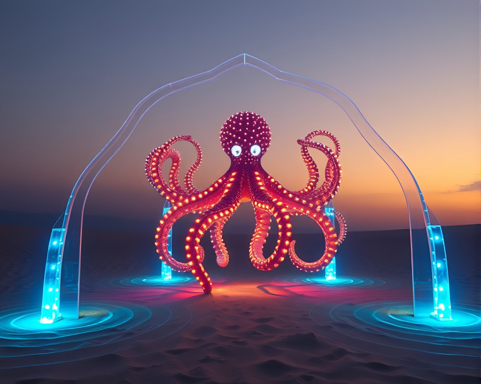 Glowing LED octopus sculpture surrounded by sand-colored walls