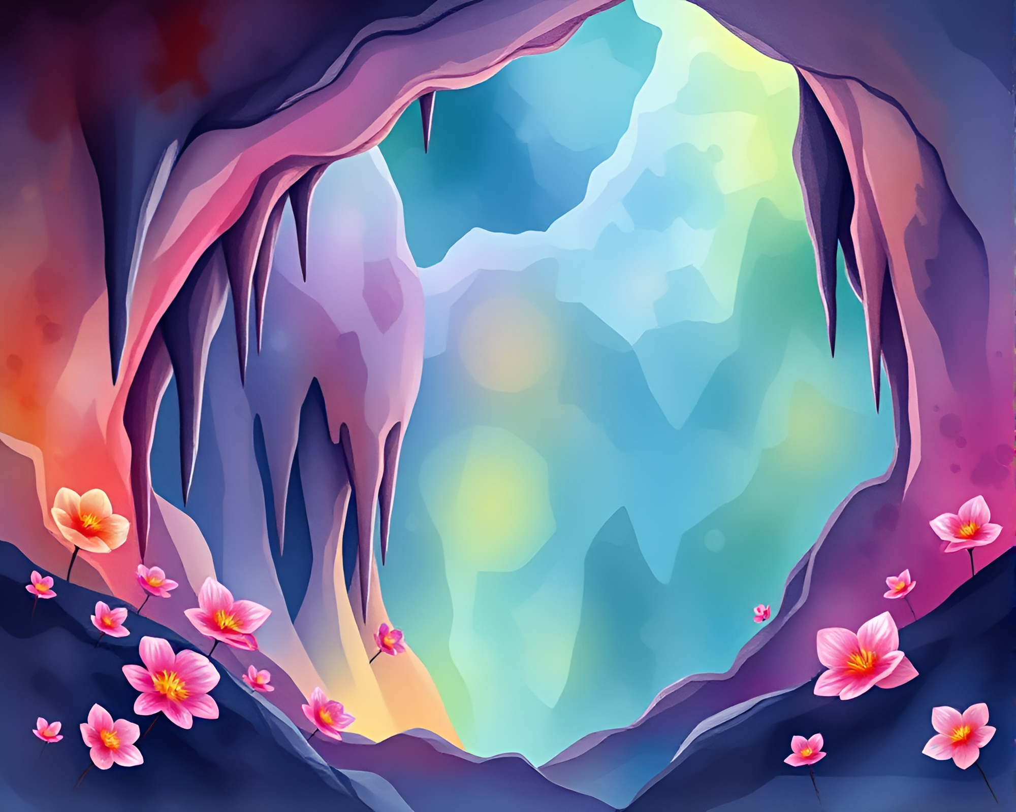 Sorcery Glow in Stalactite Cave Watercolors – free AI stock image