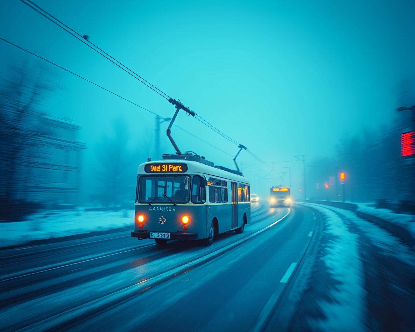 Artistic blue-tinted cable car surrounded by lens distortion