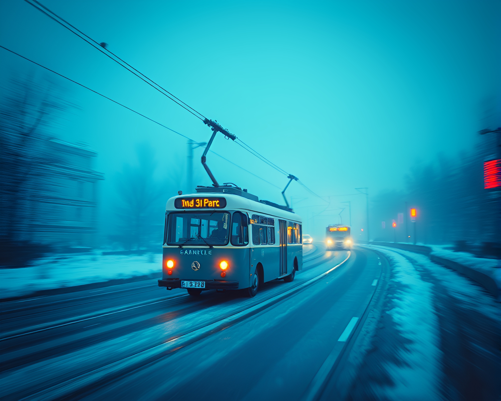 Cable Car Lens Distortion in Ice-Blue Editorial Style – free AI stock image