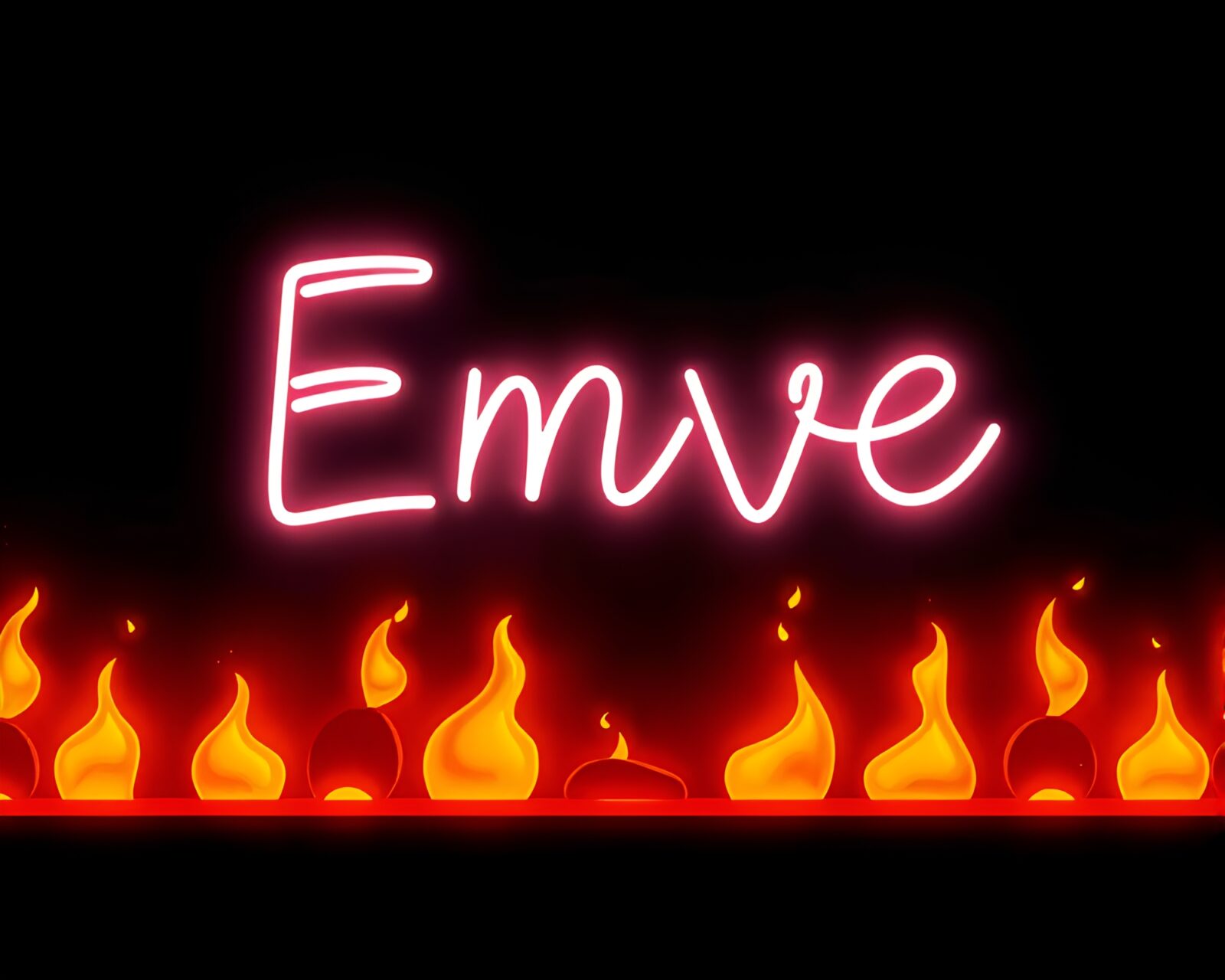 Vibrant neon sign surrounded by floating embers in darkness