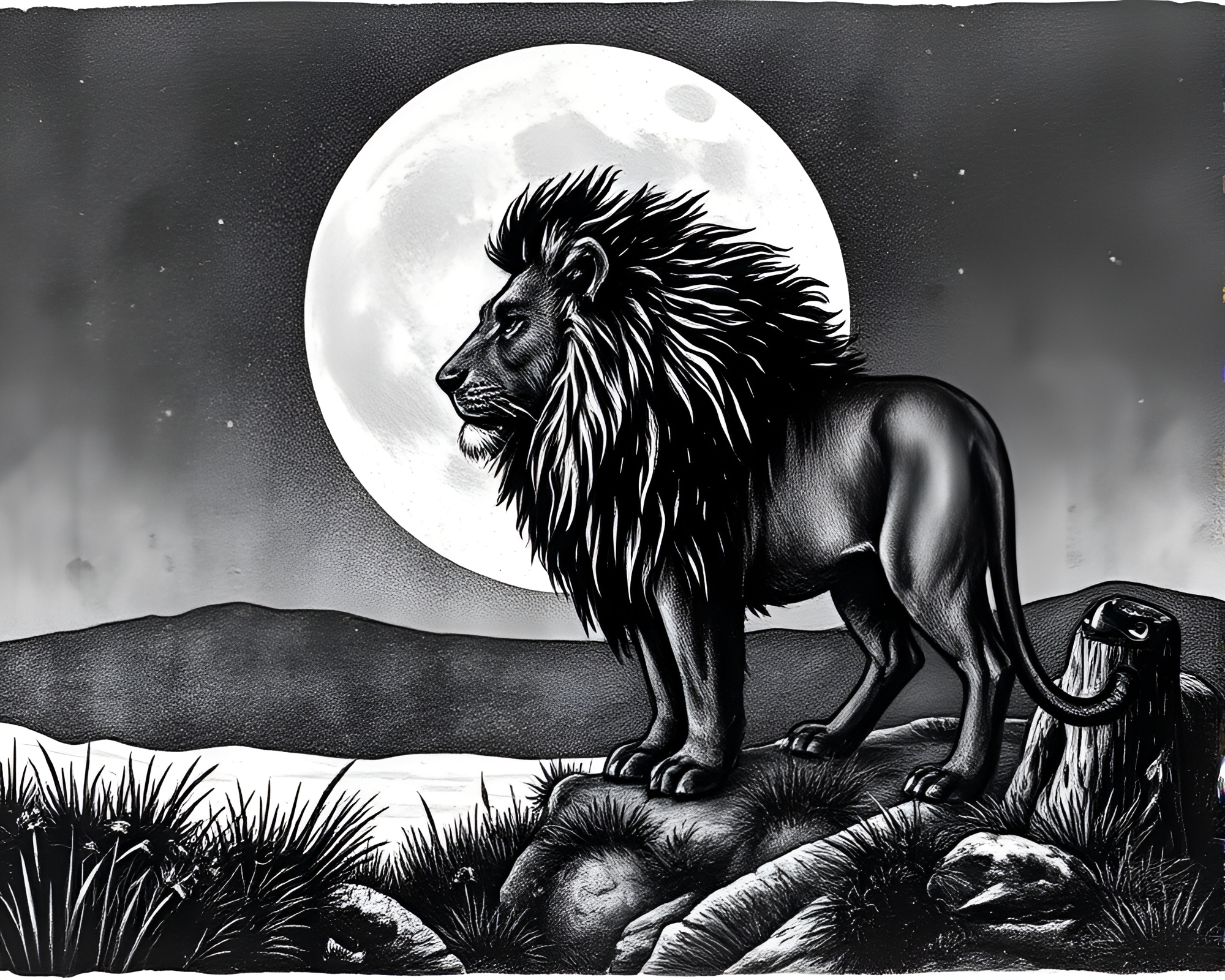 Lion King under Lunar Grey Sky Linocut Landscape – free AI stock image