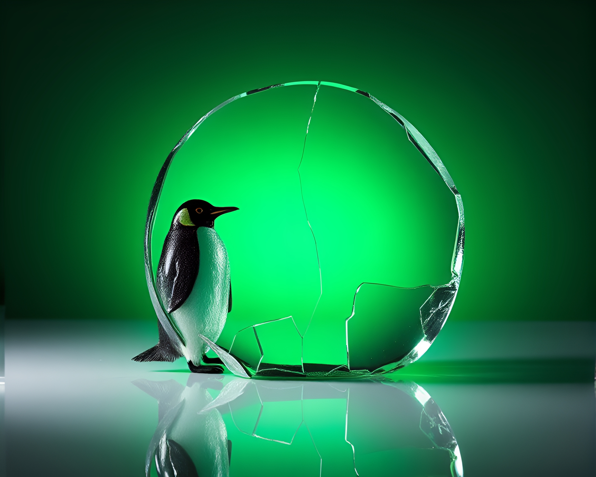 Ethereal Penguin Reflection in Emerald Glass Shards – free AI stock image