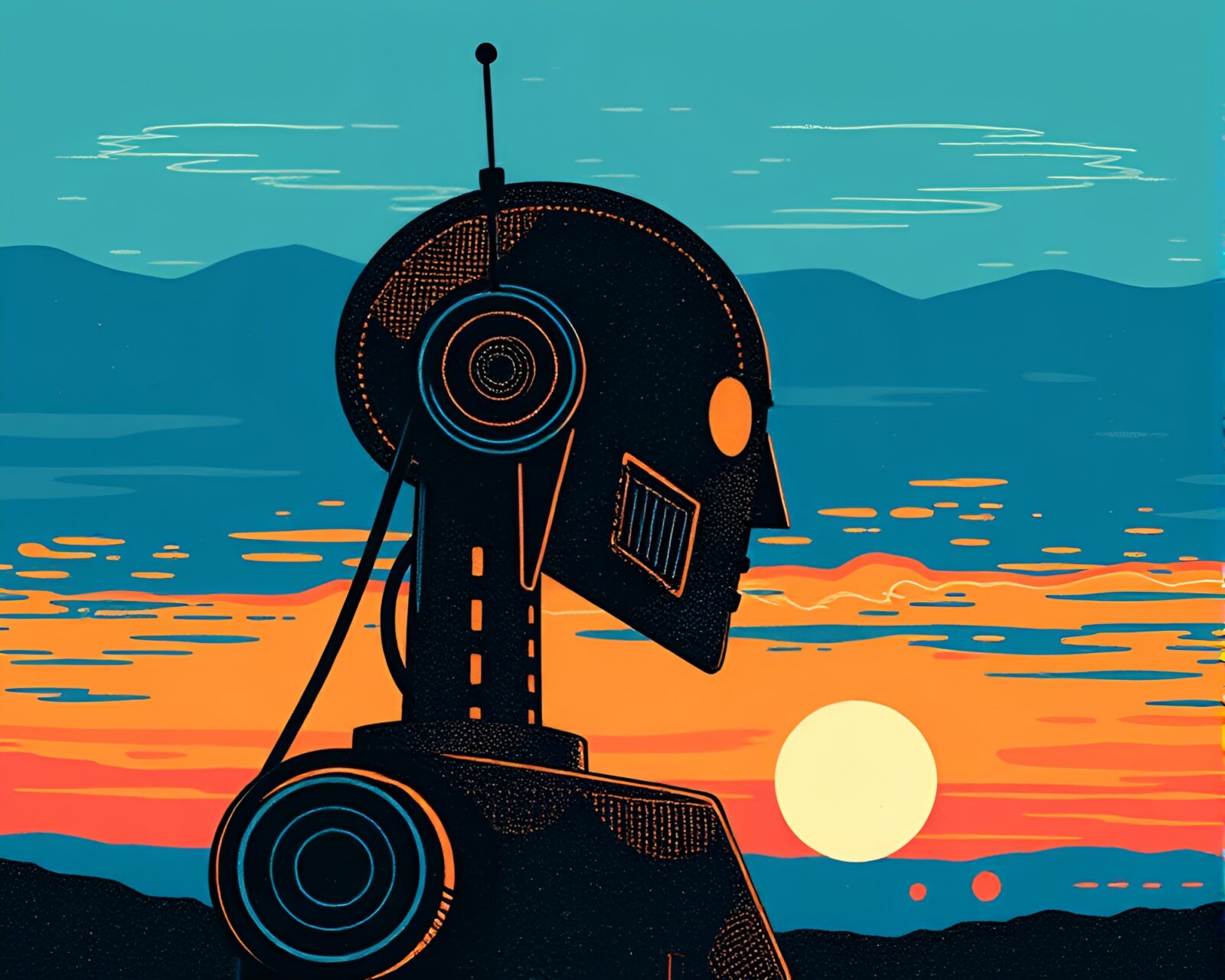 Abstract geometric robot design in twilight blue linocut textures