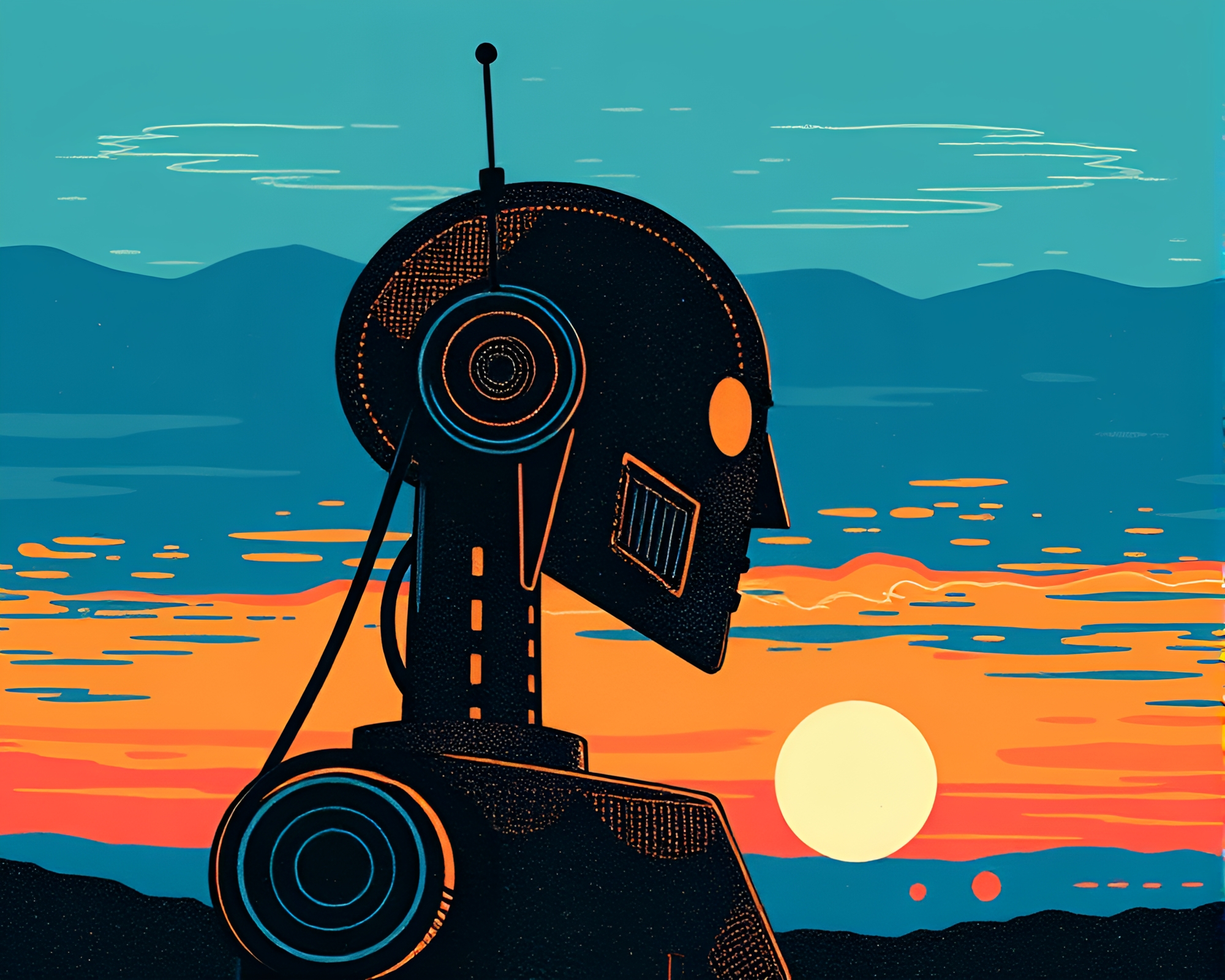 Twilight Blue Geometric Robot amidst Linocut Textures – free AI stock image