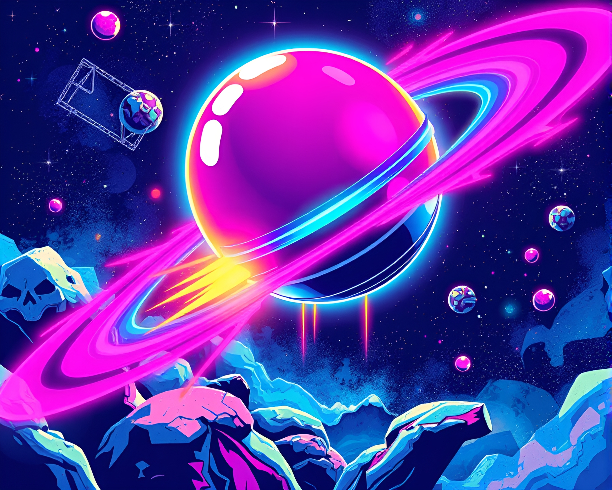 Vibrant Satellite Adventures: Neon Graffiti Fantasy Illustration – free AI stock image