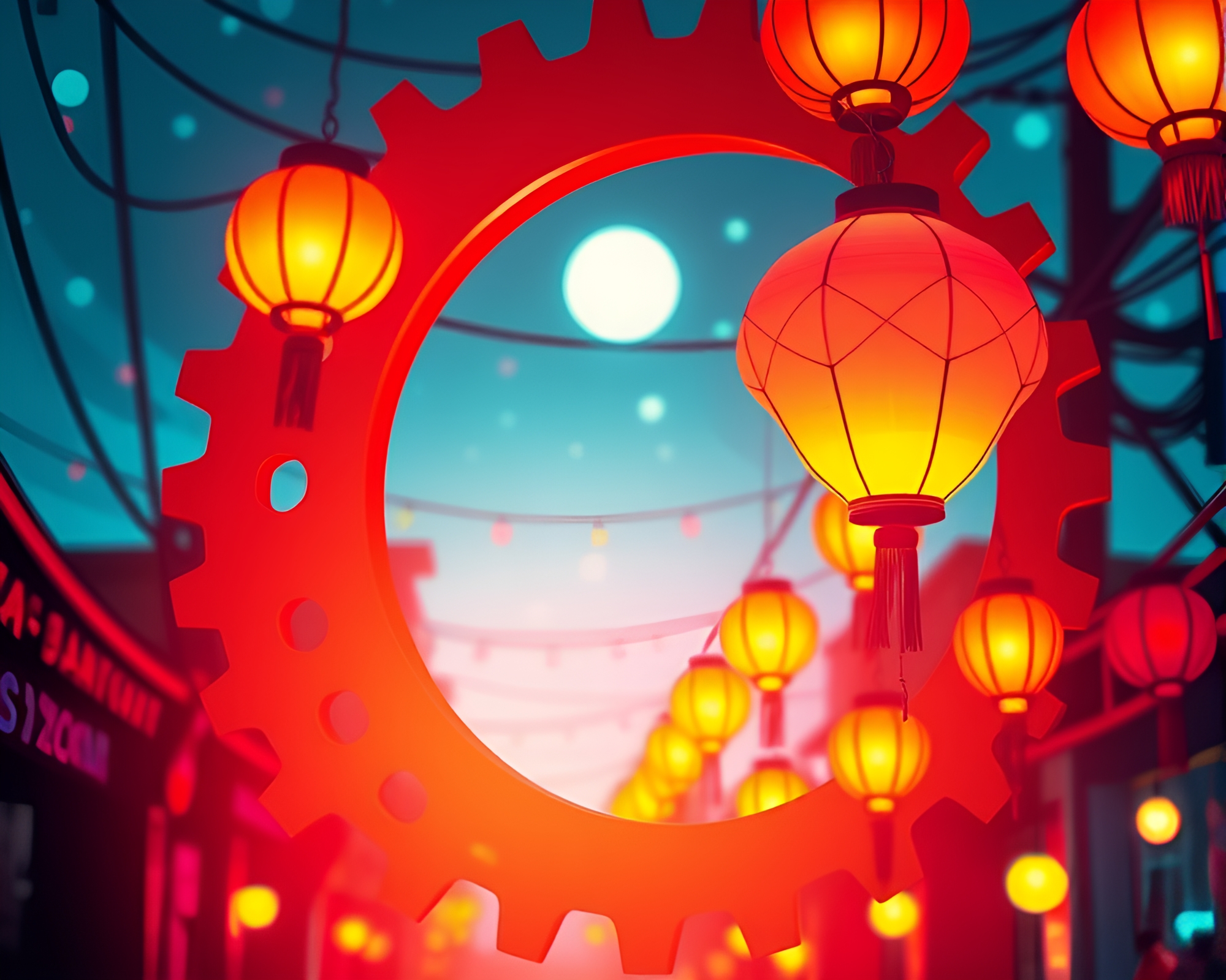 16-bit Film Sprocket Holes with Neon Lanterns – free AI stock image
