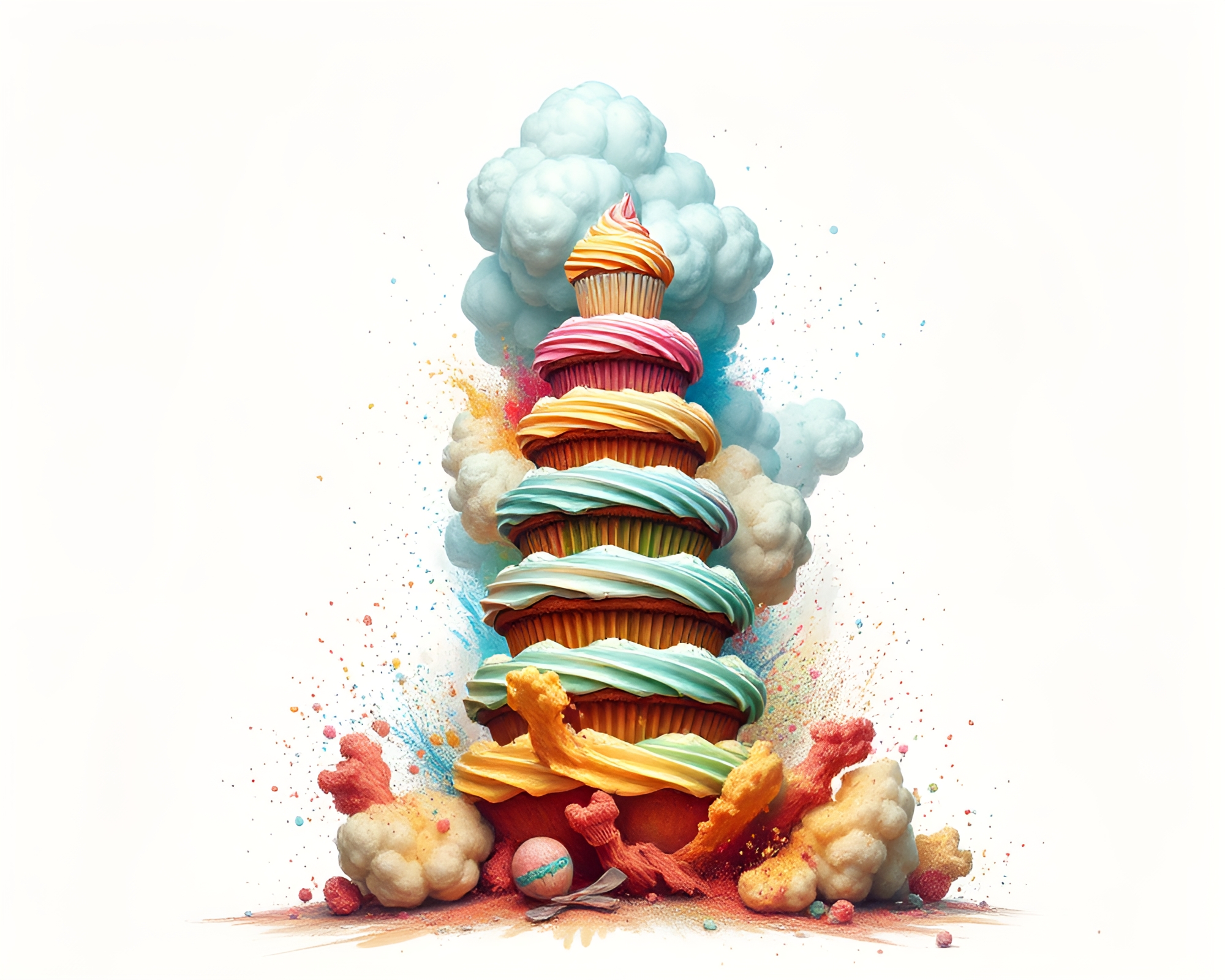 Exploding Cupcake Tower in Crosshatch Style – free AI stock image