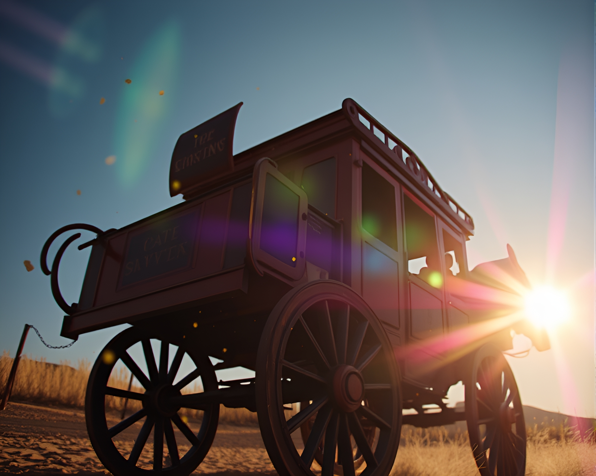 Stagecoach under Lens Flare: Low-Angle Paint Splatter Palette – free AI stock image