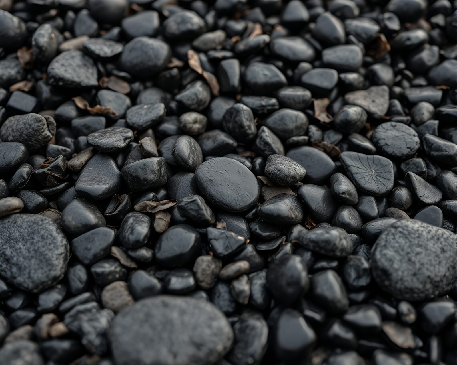 Dark and moody pebble beach with oil-like textures and leaf litter