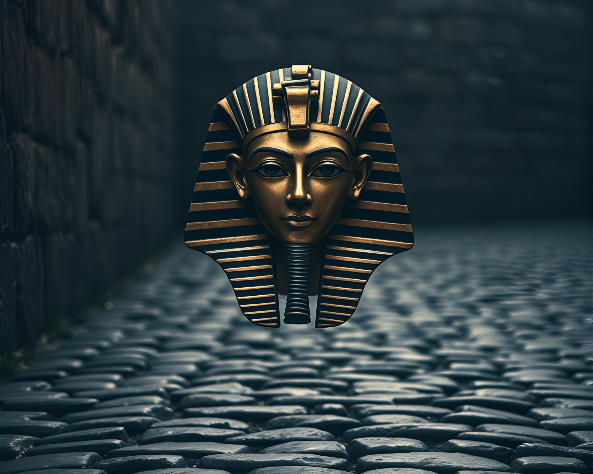 Pharaoh’s Mask on Cobblestone Path: Muted Shadows Art – free AI stock image