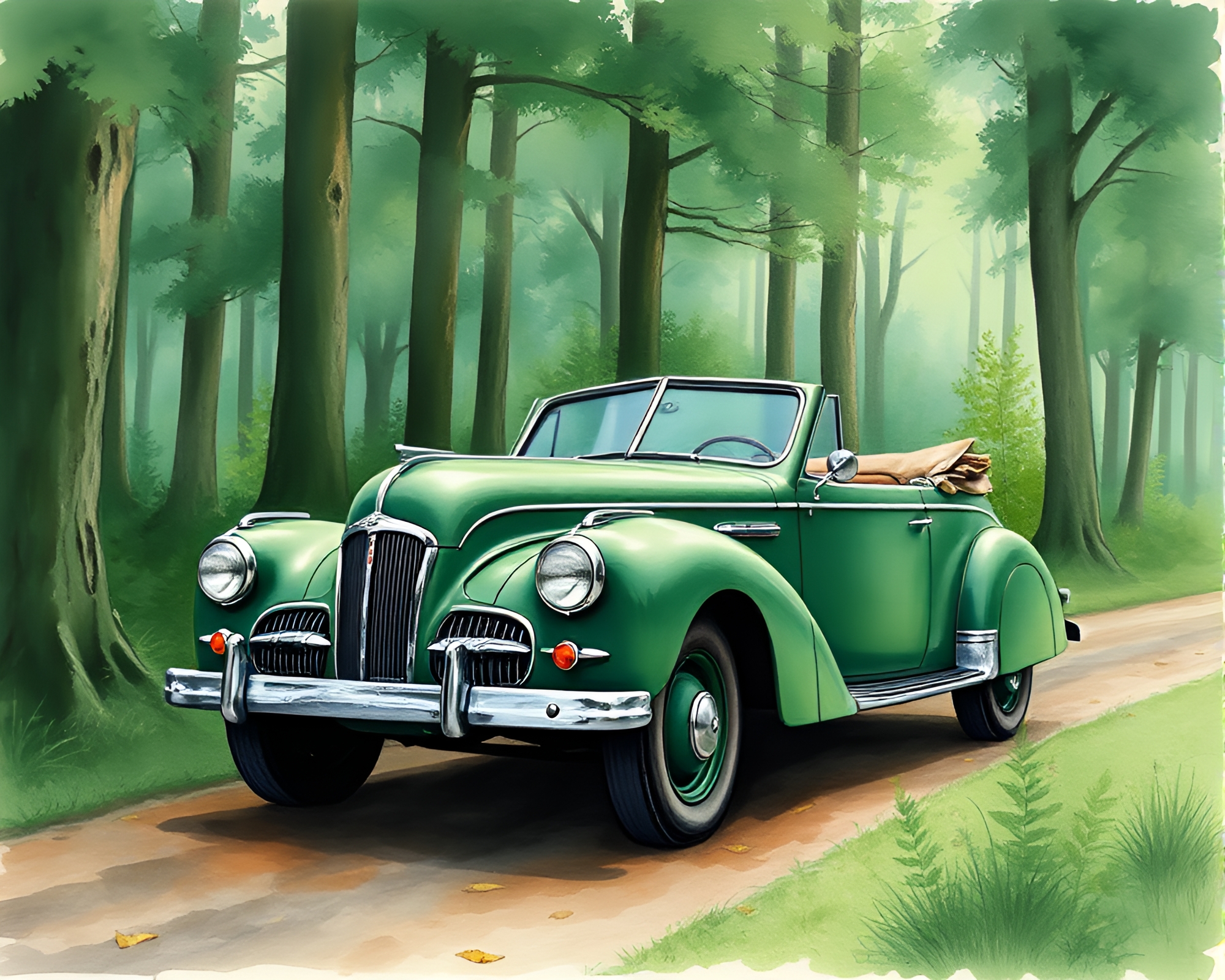 Vintage Car Framed by Enchanted Forest Watercolor – free AI stock image