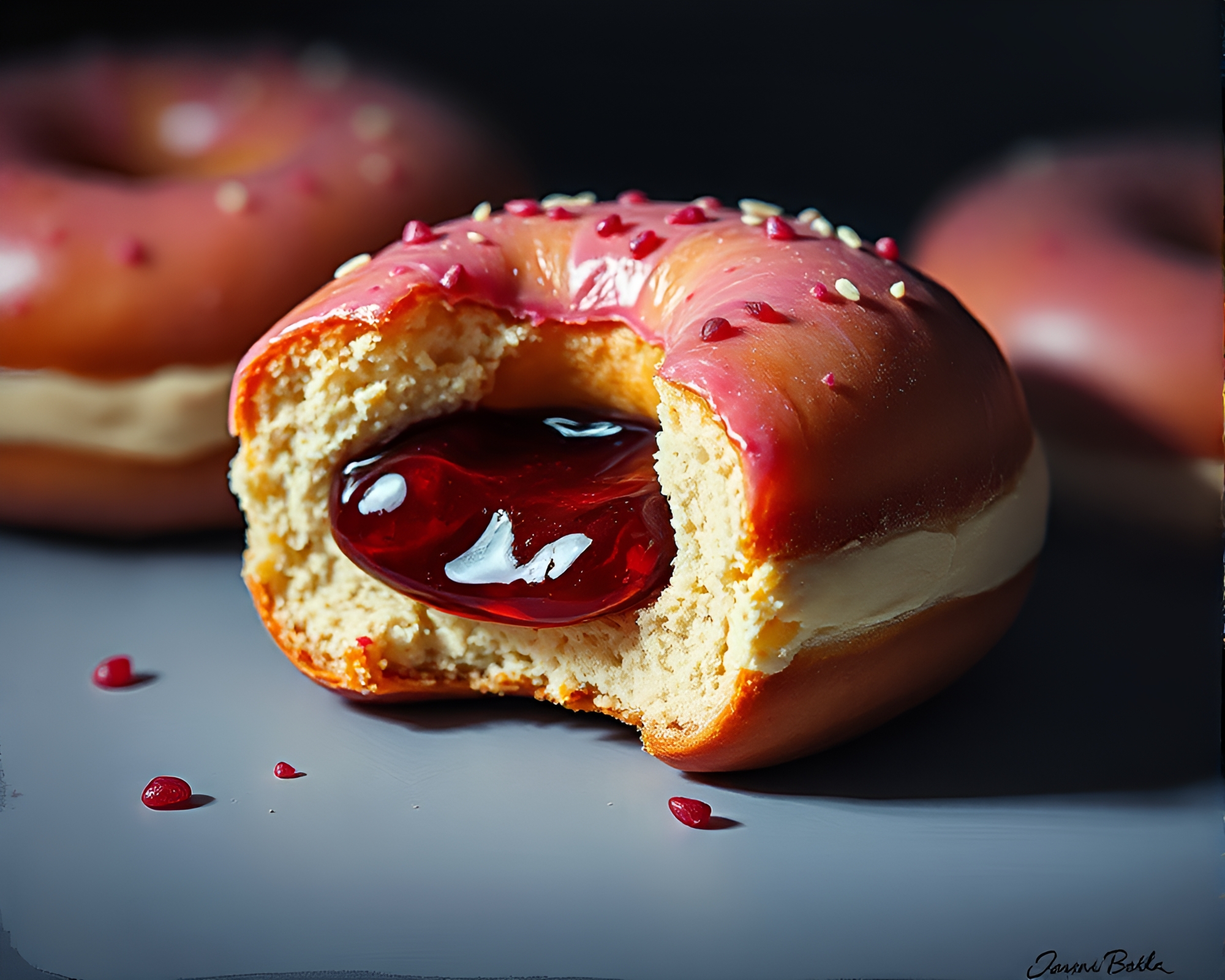 Acrylic painting of macro jelly-filled doughnut detail – free AI stock image