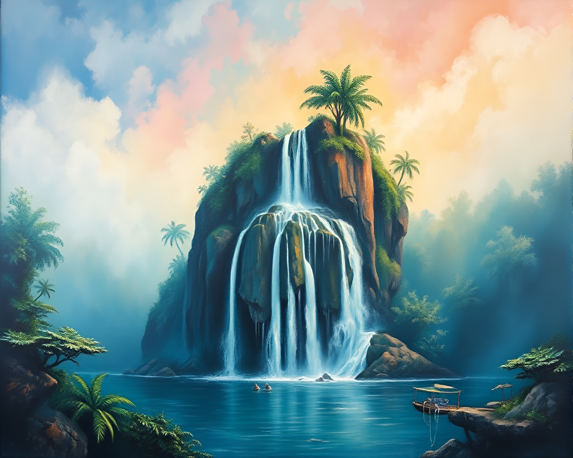 Tropical Waterfall: Planetary Pastel Dreamscape – free AI stock image