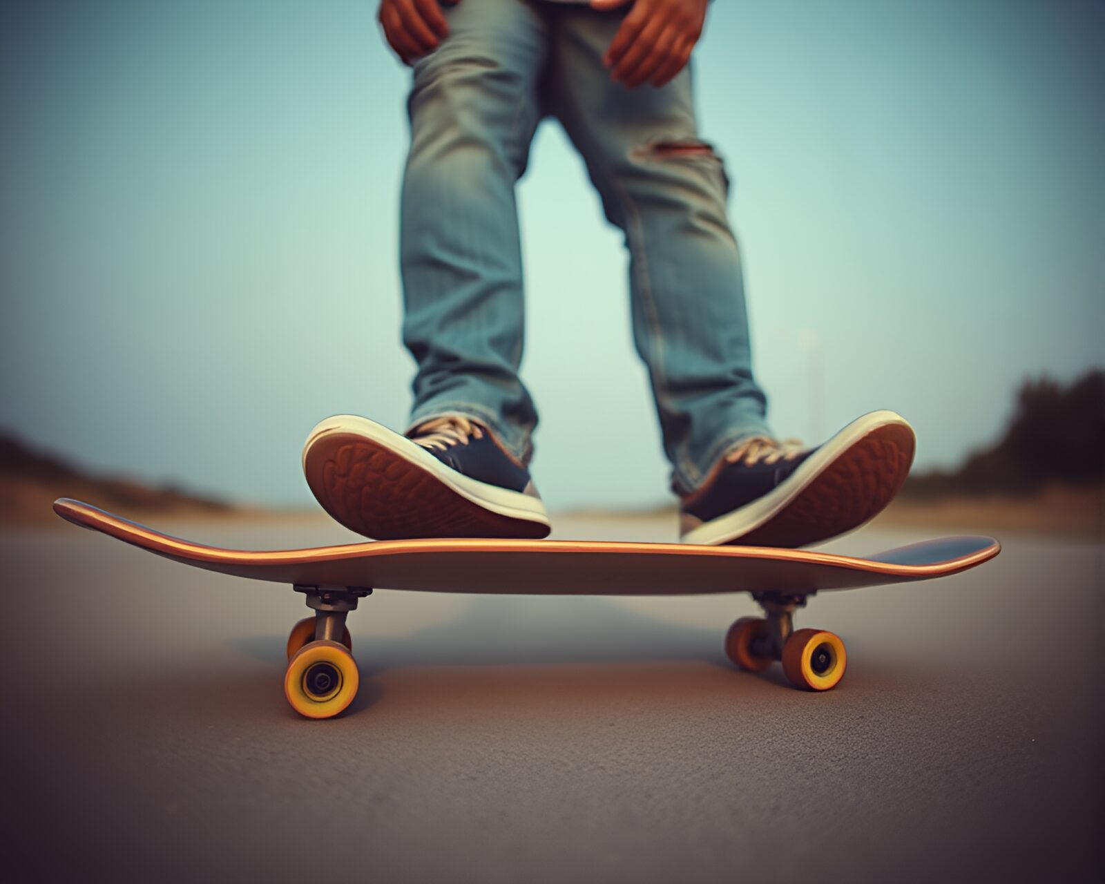 Split focus skateboarder in denim under oil canvas effect