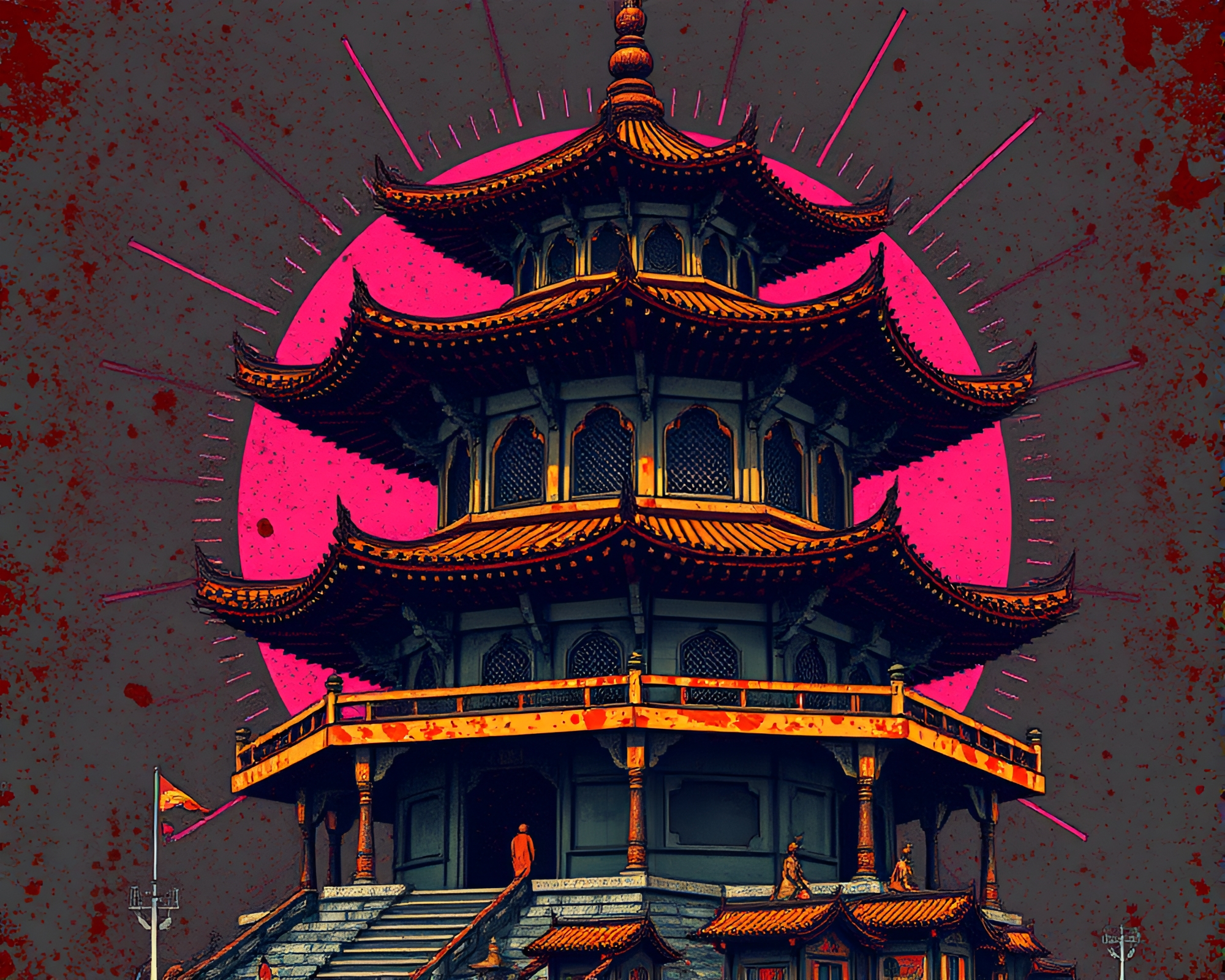 Rustic Pagoda Under Starburst Cyberpunk Sky – free AI stock image
