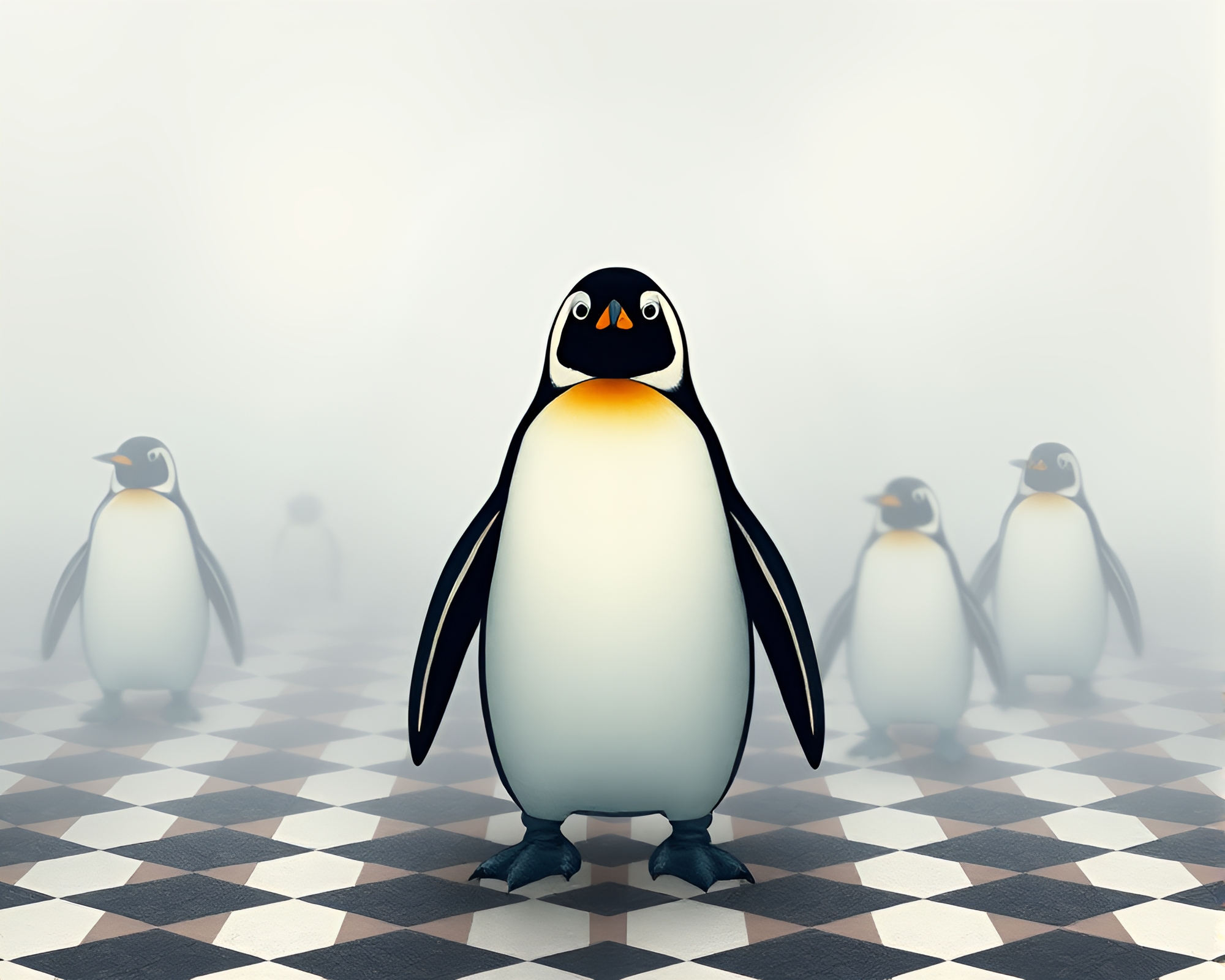 Monochromatic Penguin Chic: Foggy Fashion Illustration – free AI stock image