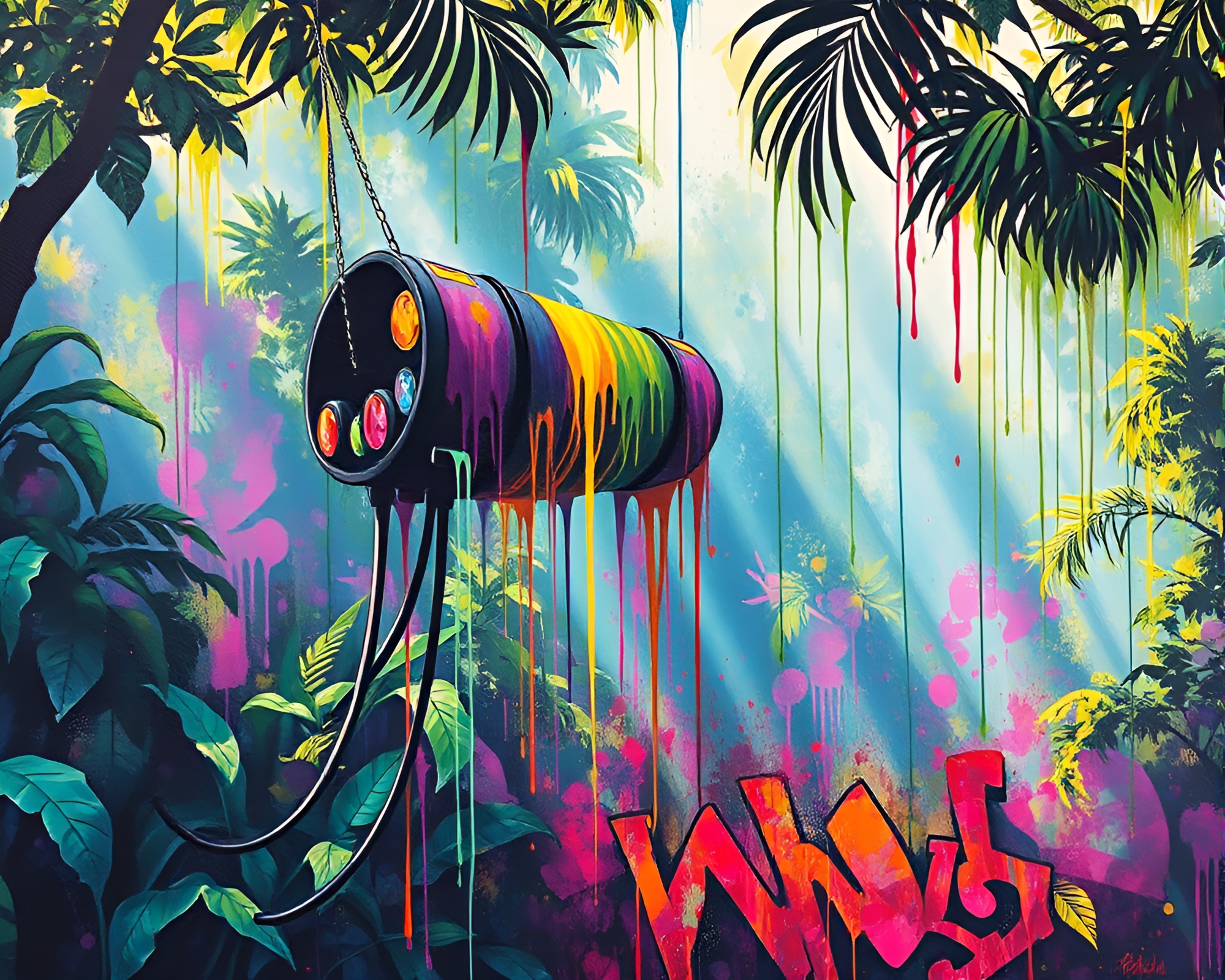 Vibrant Jetpack Graffiti in Jungle Canopy Shade – free AI stock image