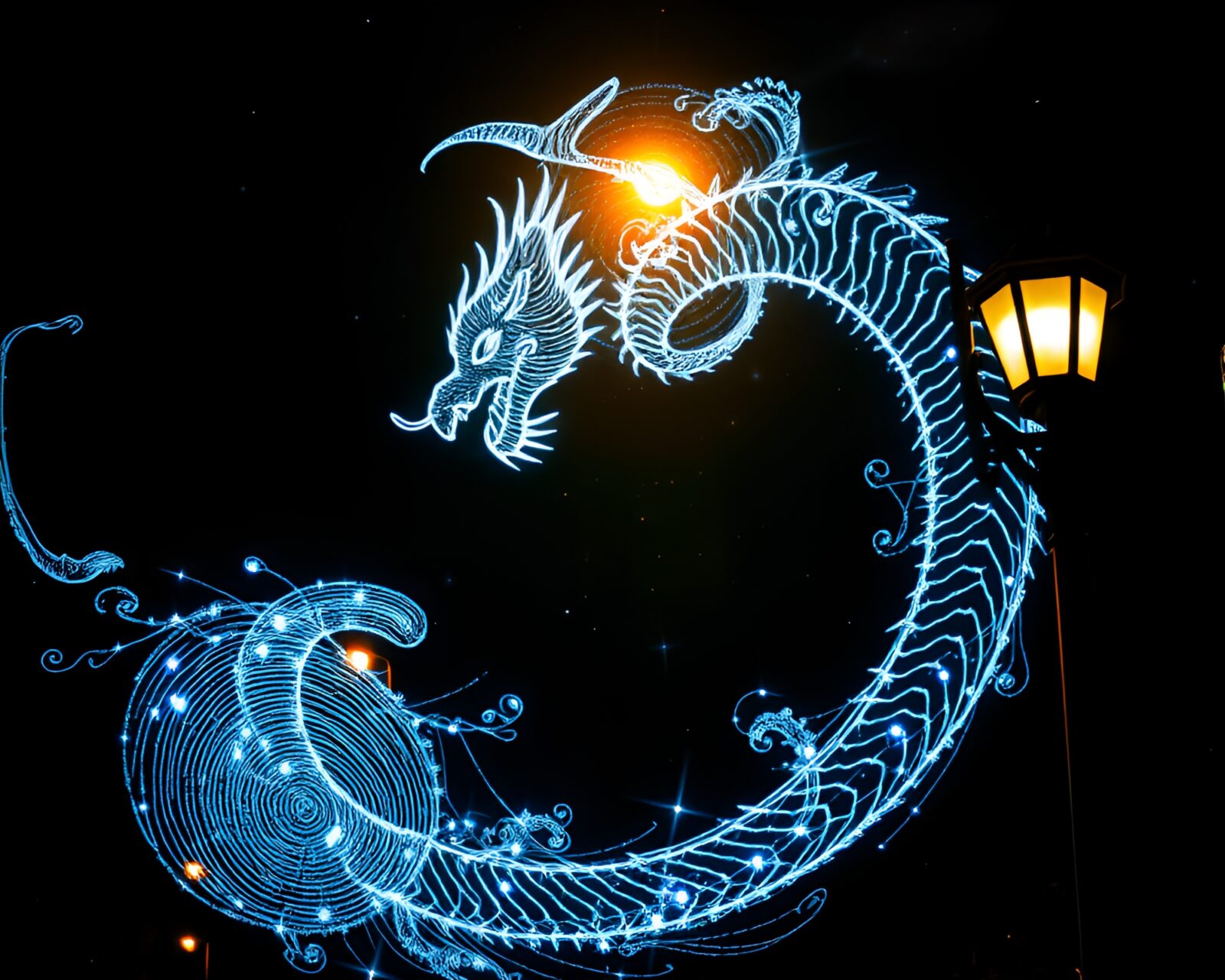 Majestic dragon in urban setting with ethereal swirling patterns