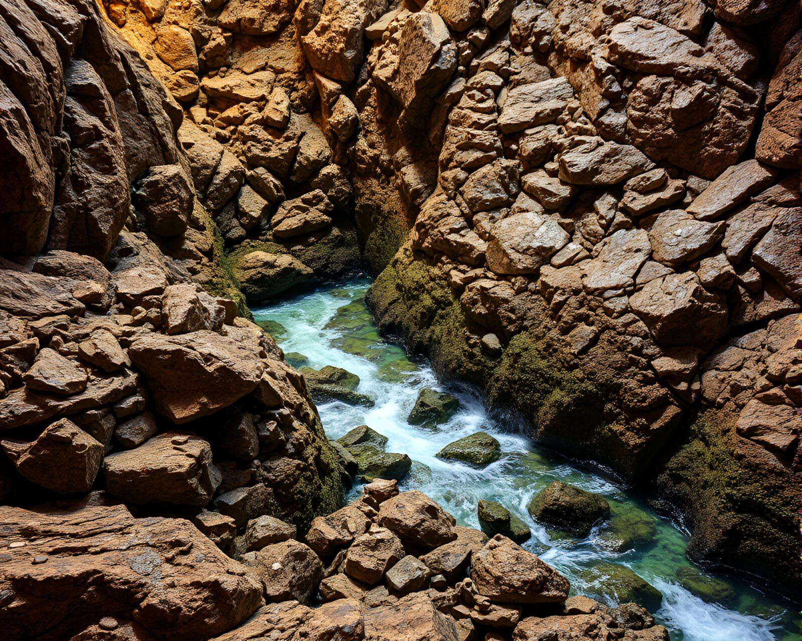 Vibrant tiling art depicting a metallic rocky coastline
