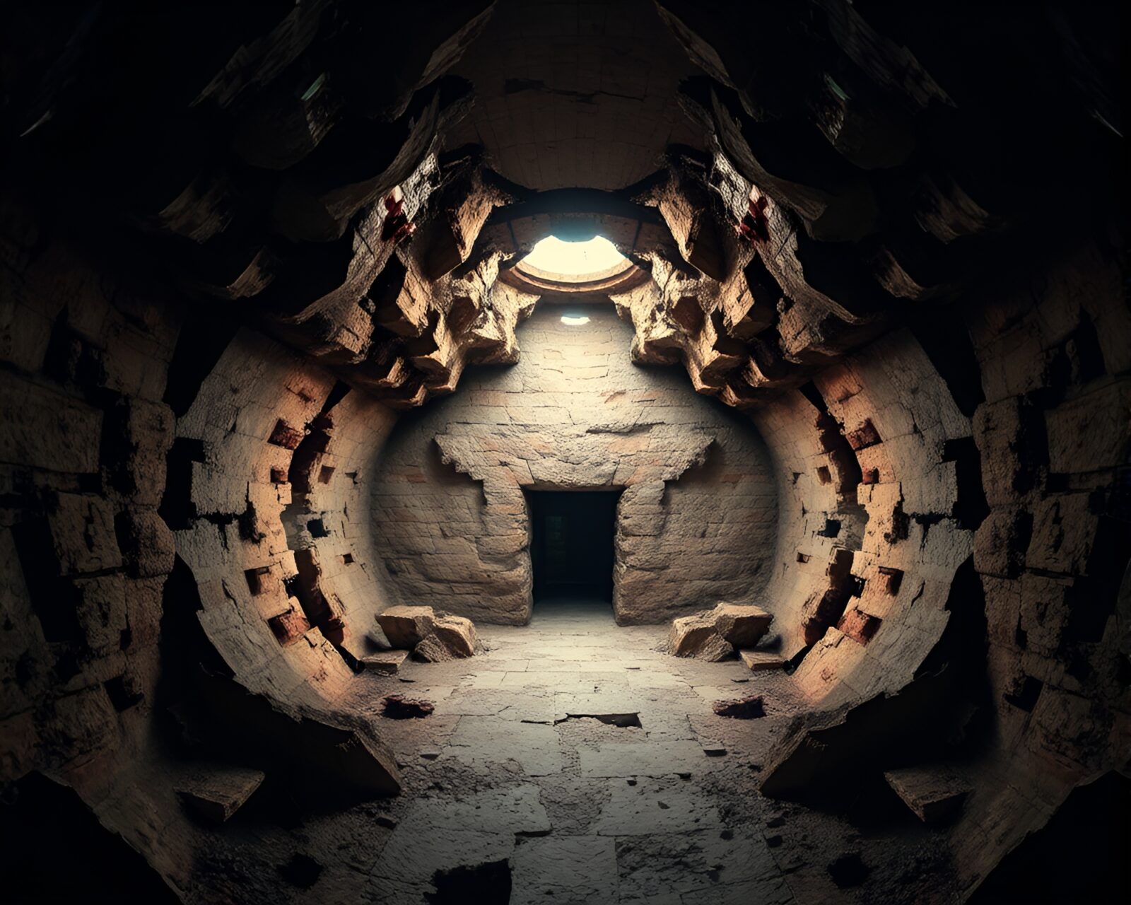 Muted earth tones illuminate kaleidoscope fragments in bunker setting