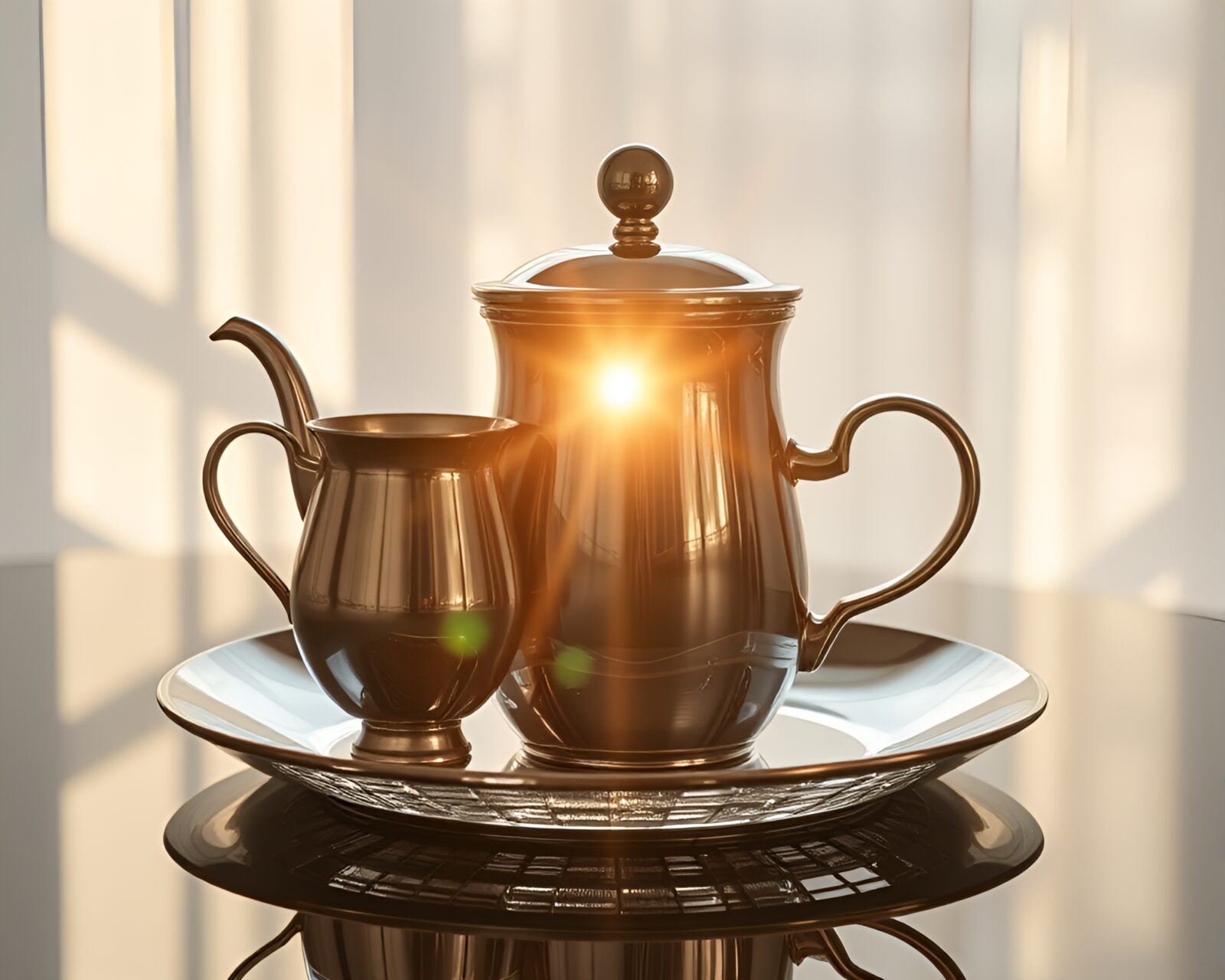 Collage of bright chrome tea set reflecting midday light