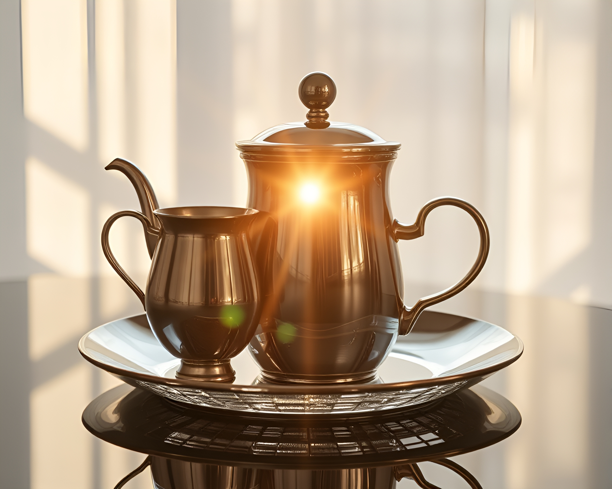 Tea set chrome reflection in midday light collage – free AI stock image