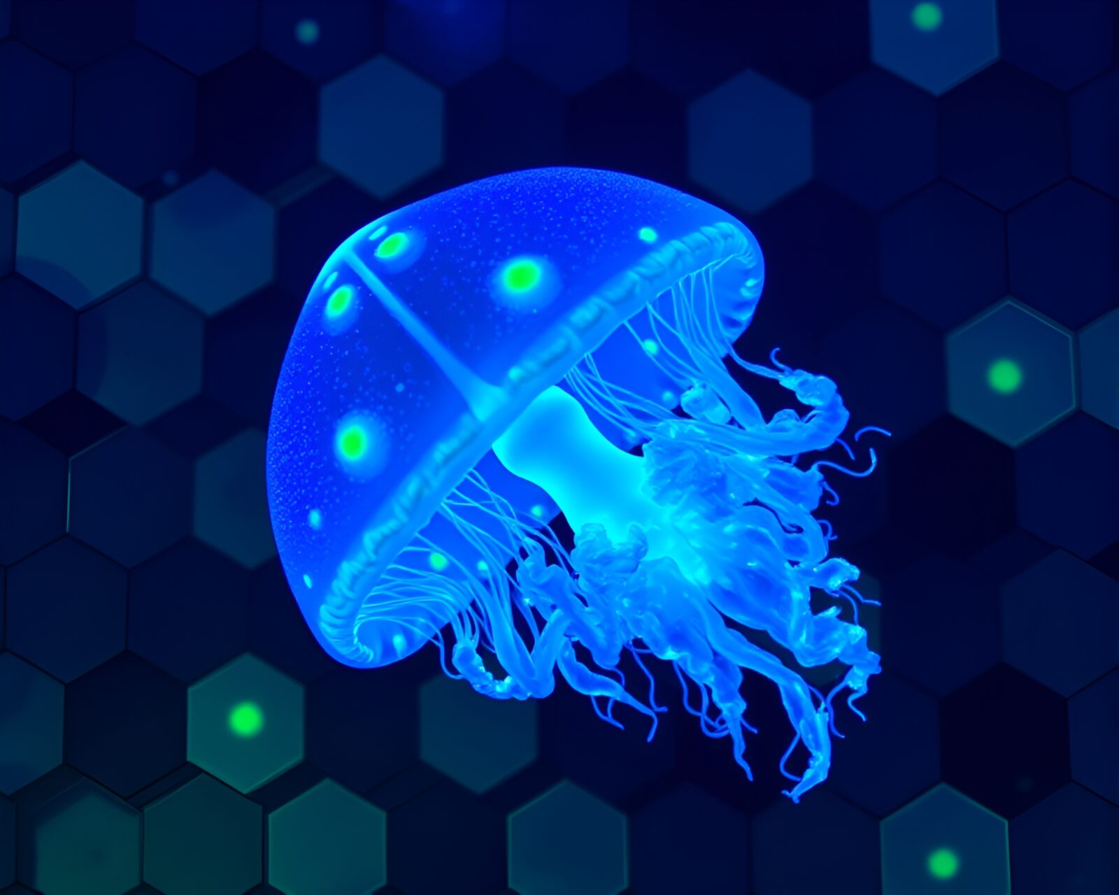 Mesmerizing thermal image of glowing jellyfish on green hexagon background