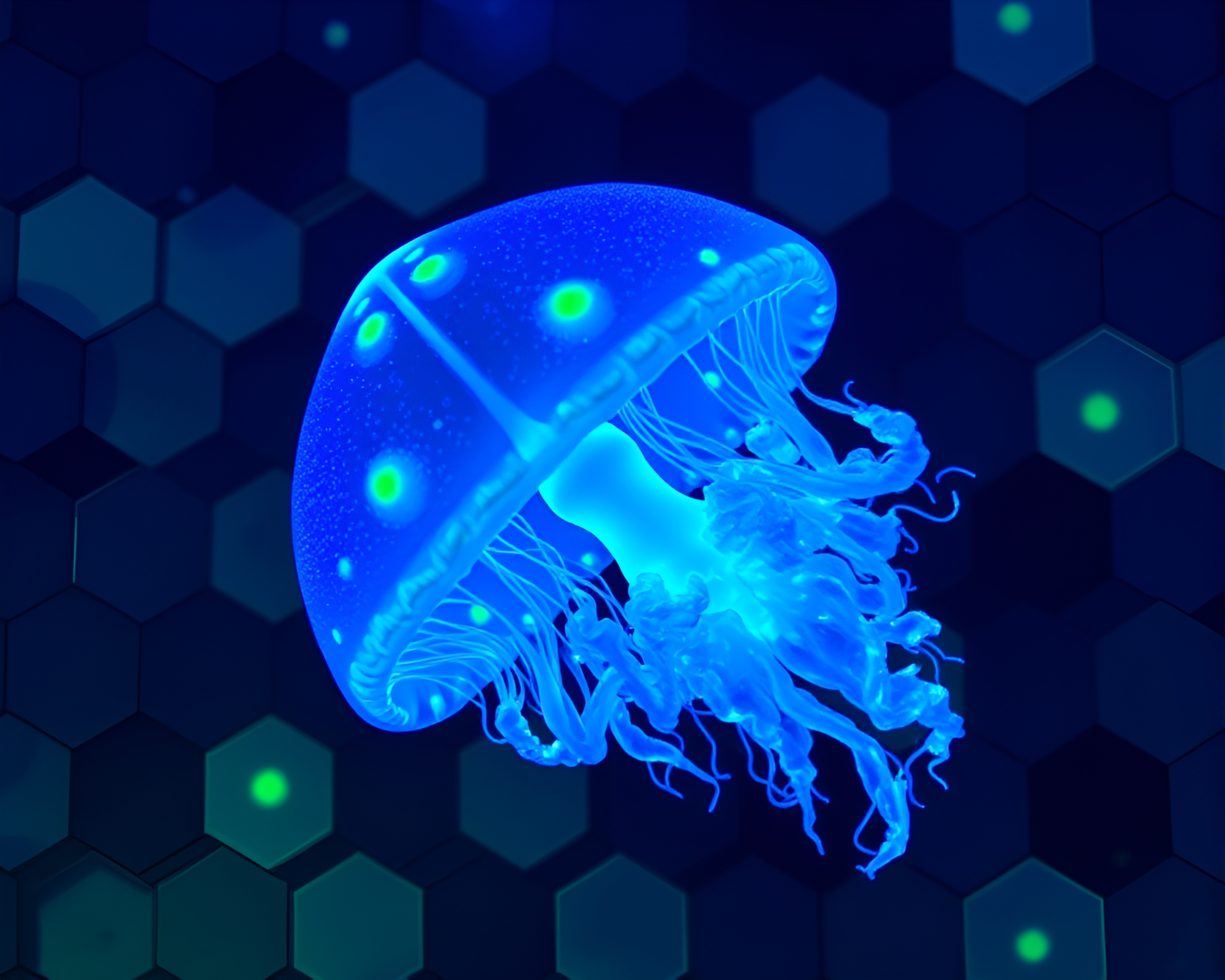 Bioluminescent Jellyfish in Emerald Hexagonal Tiling Patterns – free AI stock image