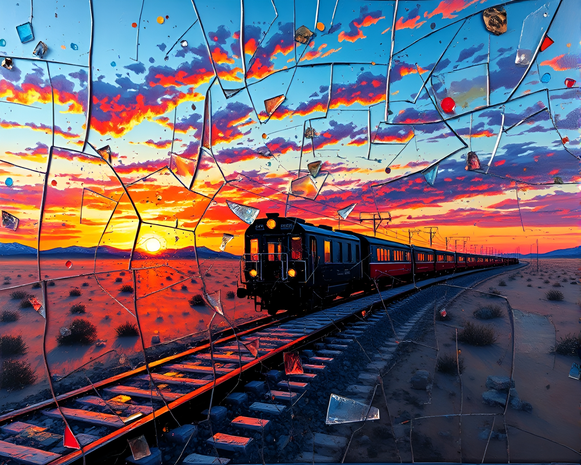 Desert Sunset Train Reflection in Broken Glass Splatter Art – free AI stock image