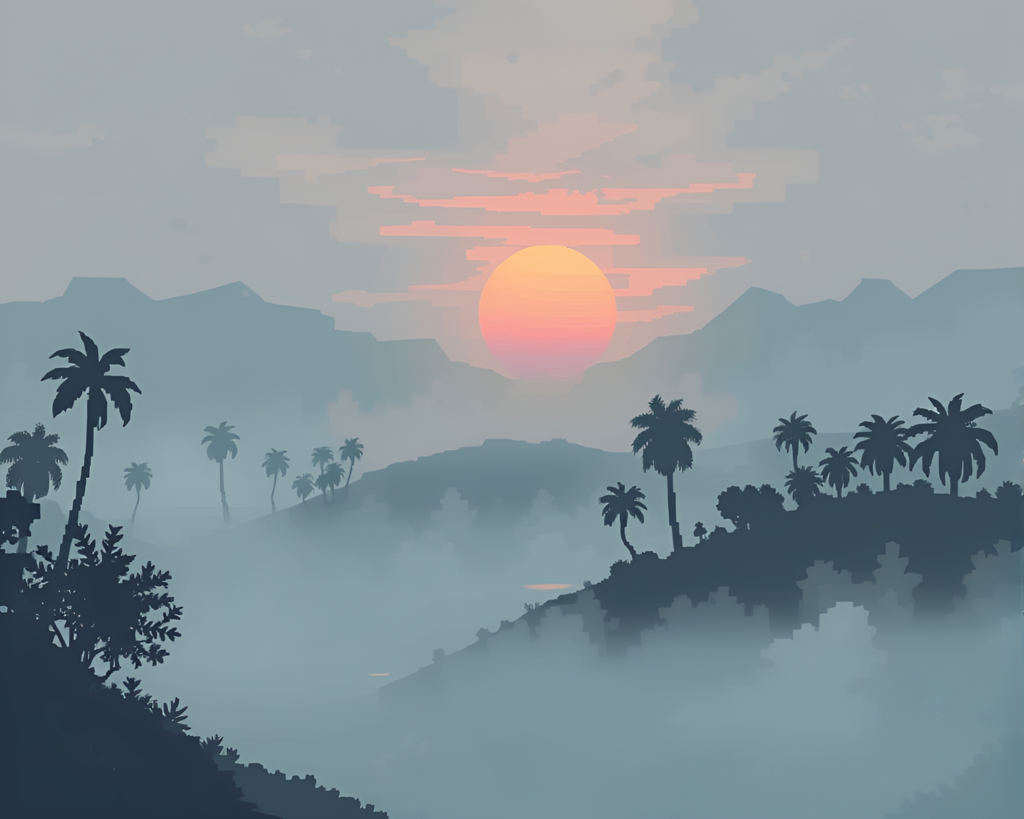 Misty Pixelated Oasis at Dawn in Grayscale – free AI stock image