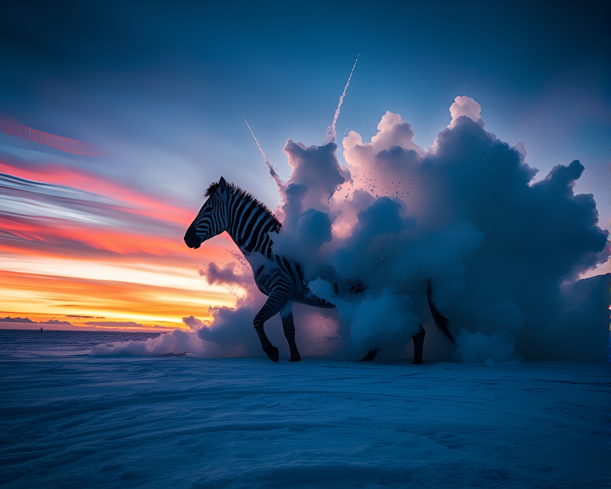 Zebra in Explosive Polar Twilight Adventure – free AI stock image