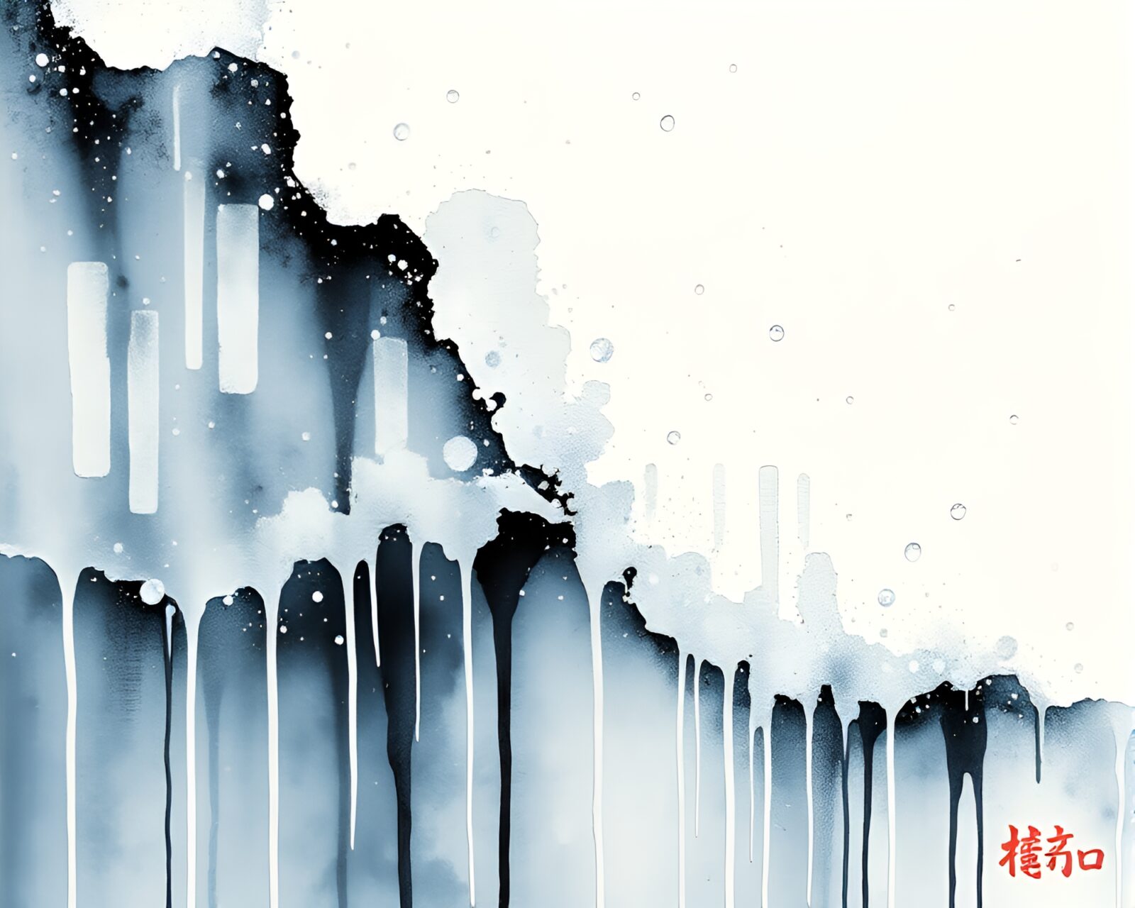 Black and white winter landscape with ink drips in comic style