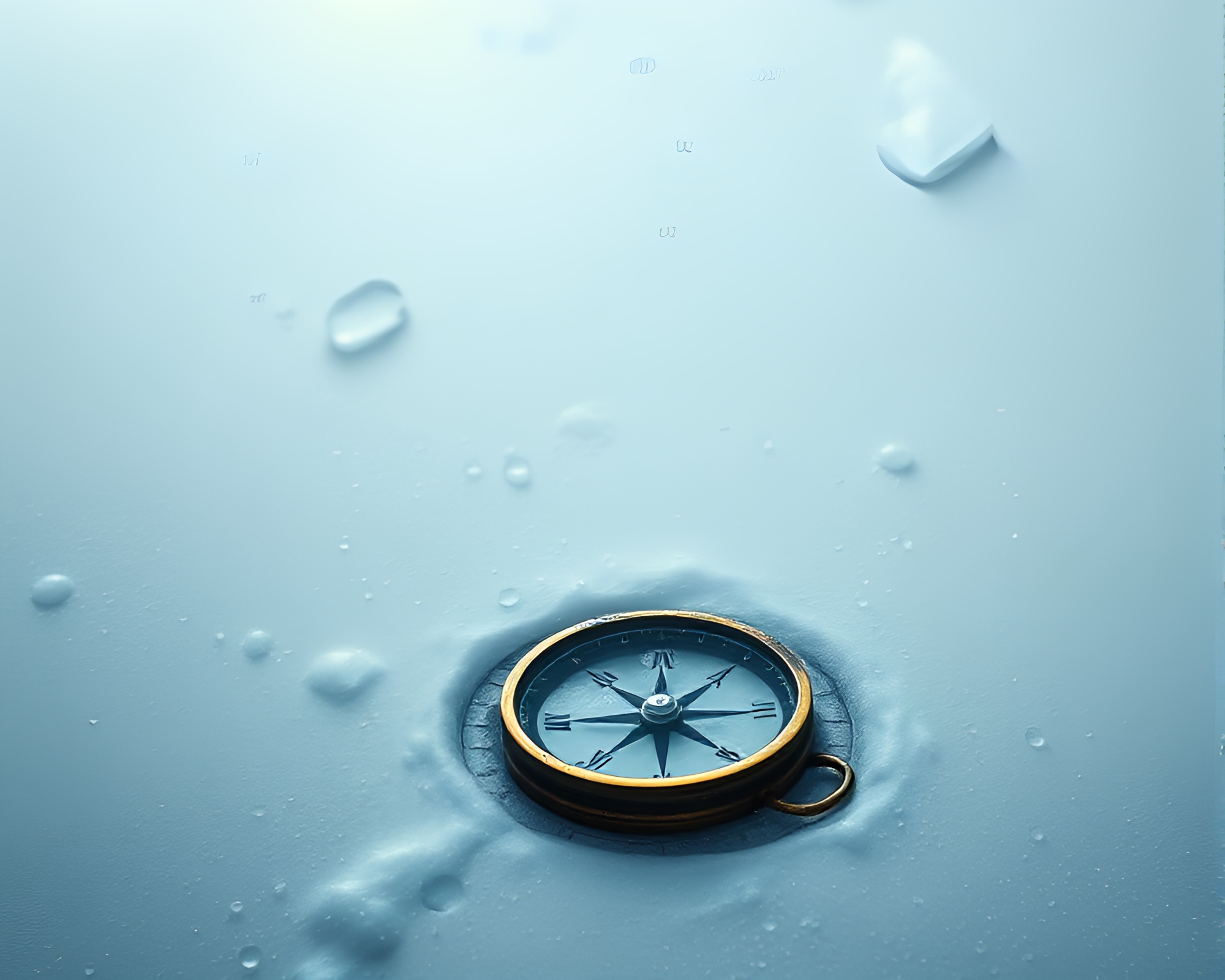 Timeless Compass in Antarctic Whiteout with Dew Drops – free AI stock image