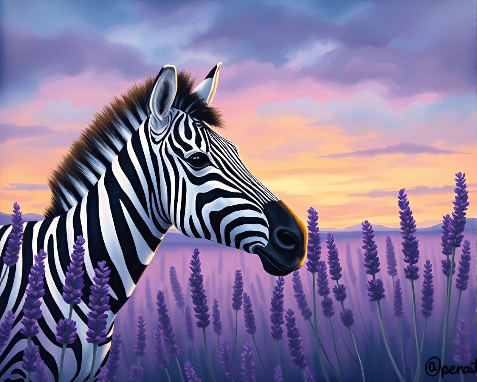 A candid zebra among lavender hues in tempera painting style