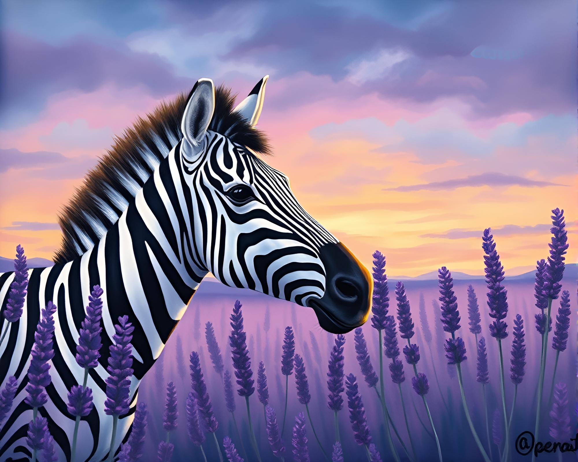 Zebra in Lavender Twilight: Tempera Painting Candid Moment – free AI stock image