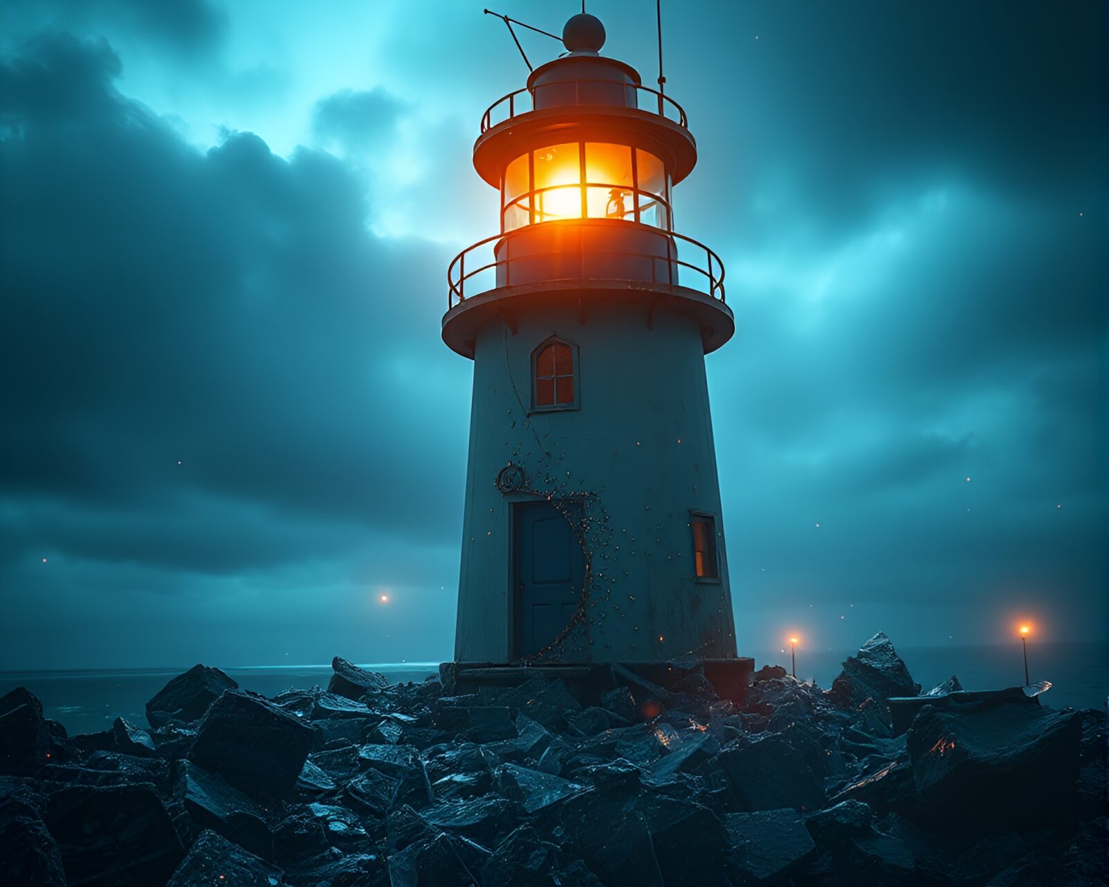 Porchlight glowing through futuristic glass shards at abandoned lighthouse