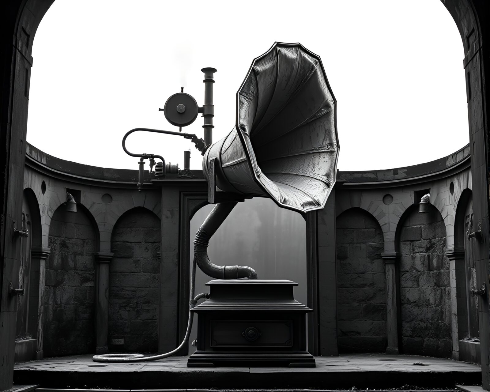 Steampunk gramophone amidst volcanic ash with selective color tones