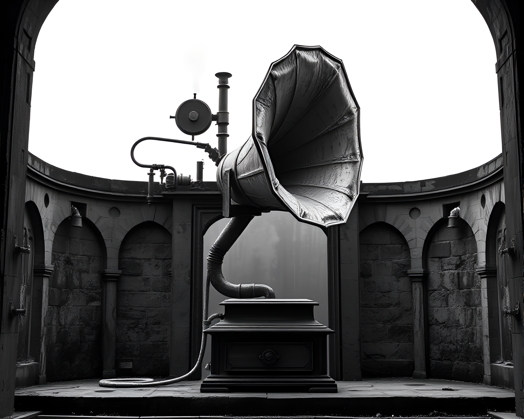 Steampunk Gramophone in Architectural Frame – free AI stock image