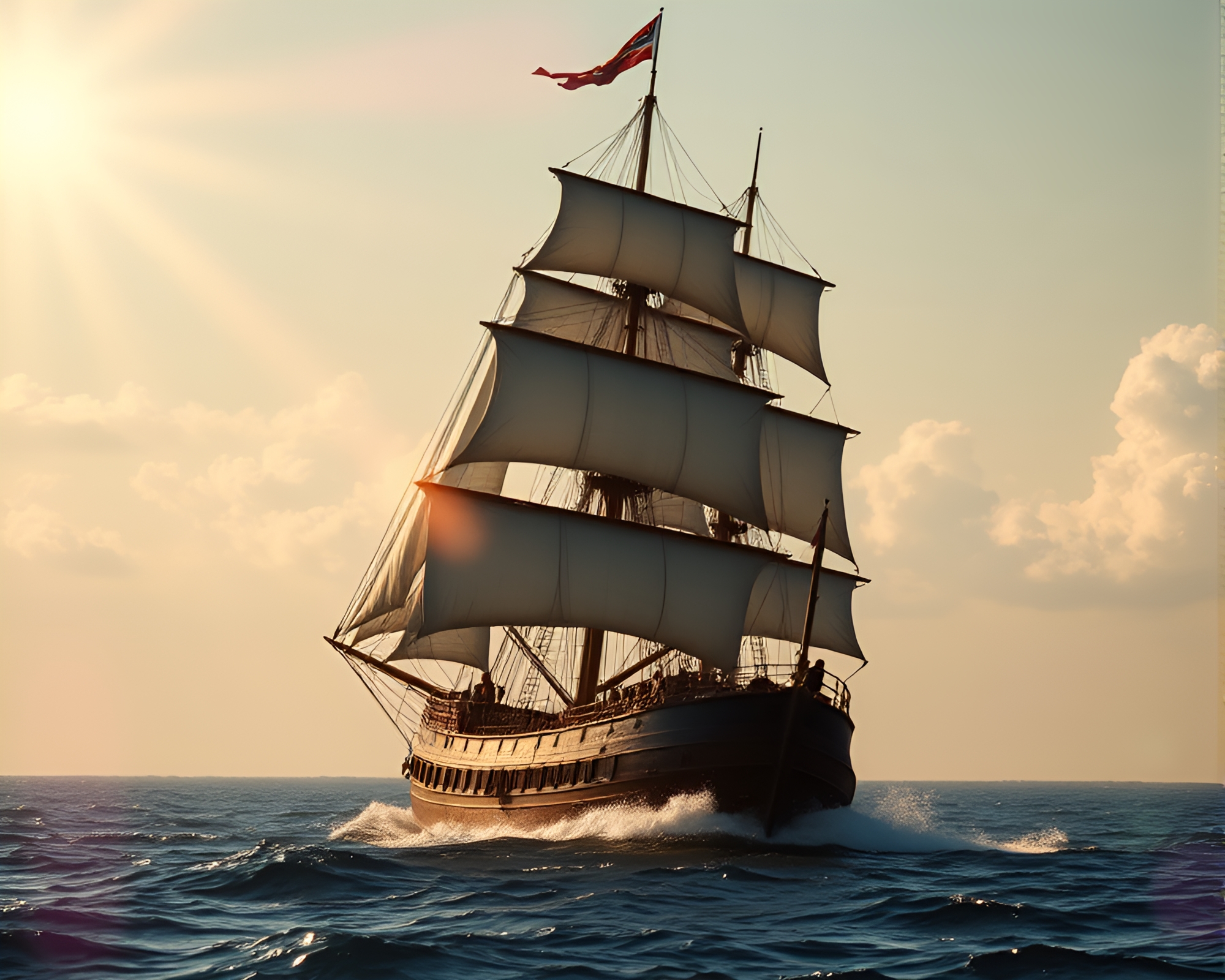 Gilded Classic Sail Ship Amidst Volcanic Ash Storm – free AI stock image