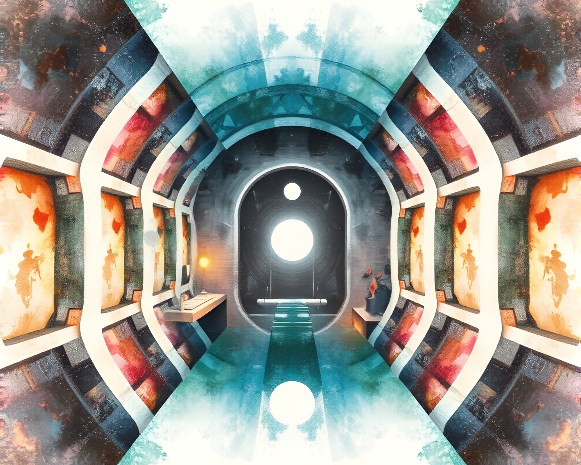 Symmetrical Space Habitat with Watercolor Wash Lighting – free AI stock image