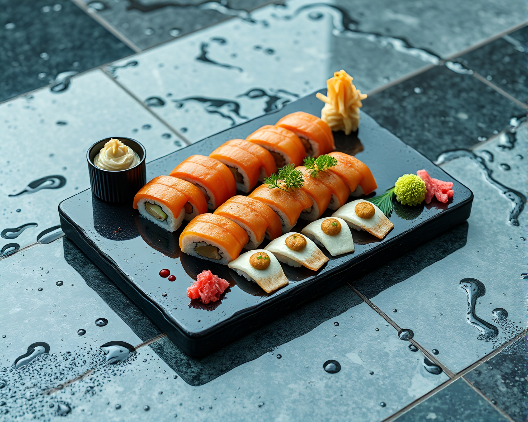 Stereoscopic Sushi Platter on Ocean-Blue Wet Pavement – free AI stock image