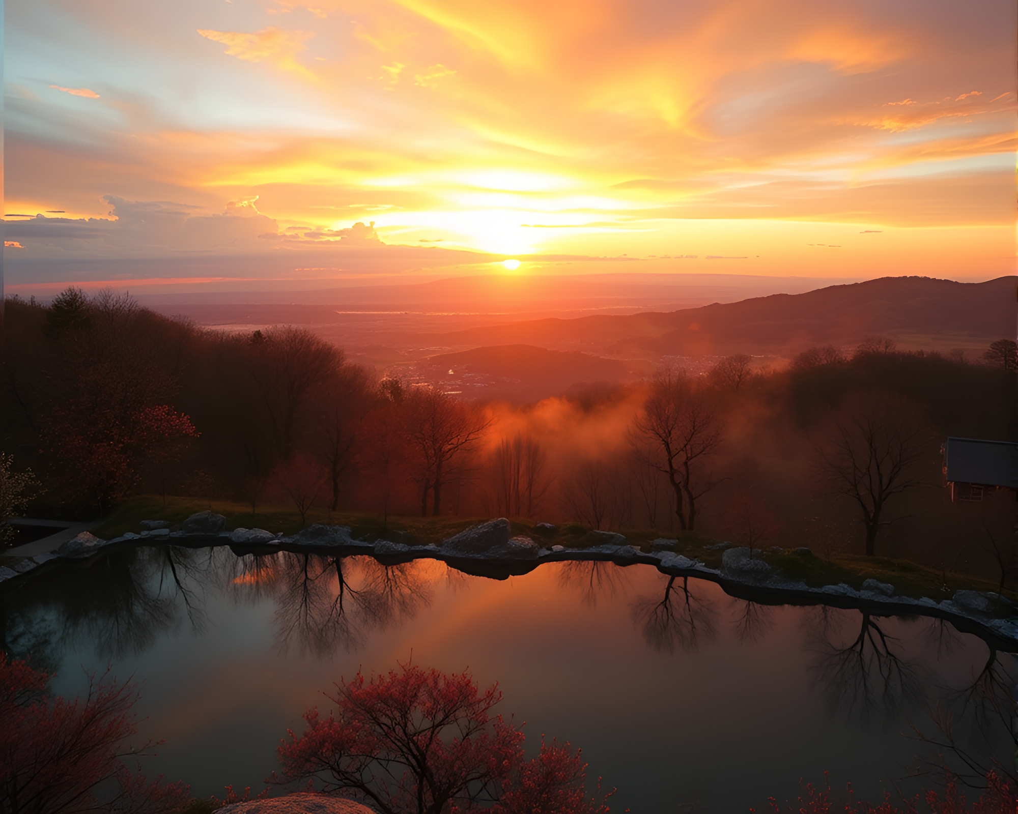 Serene Hot Spring Sunset Calligraphy Panorama – free AI stock image