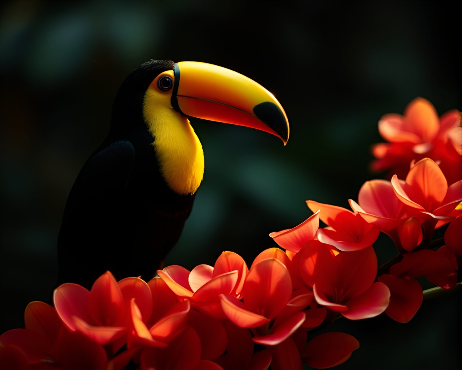 Chiaroscuro-lit toucan surrounded by film grain flower petals