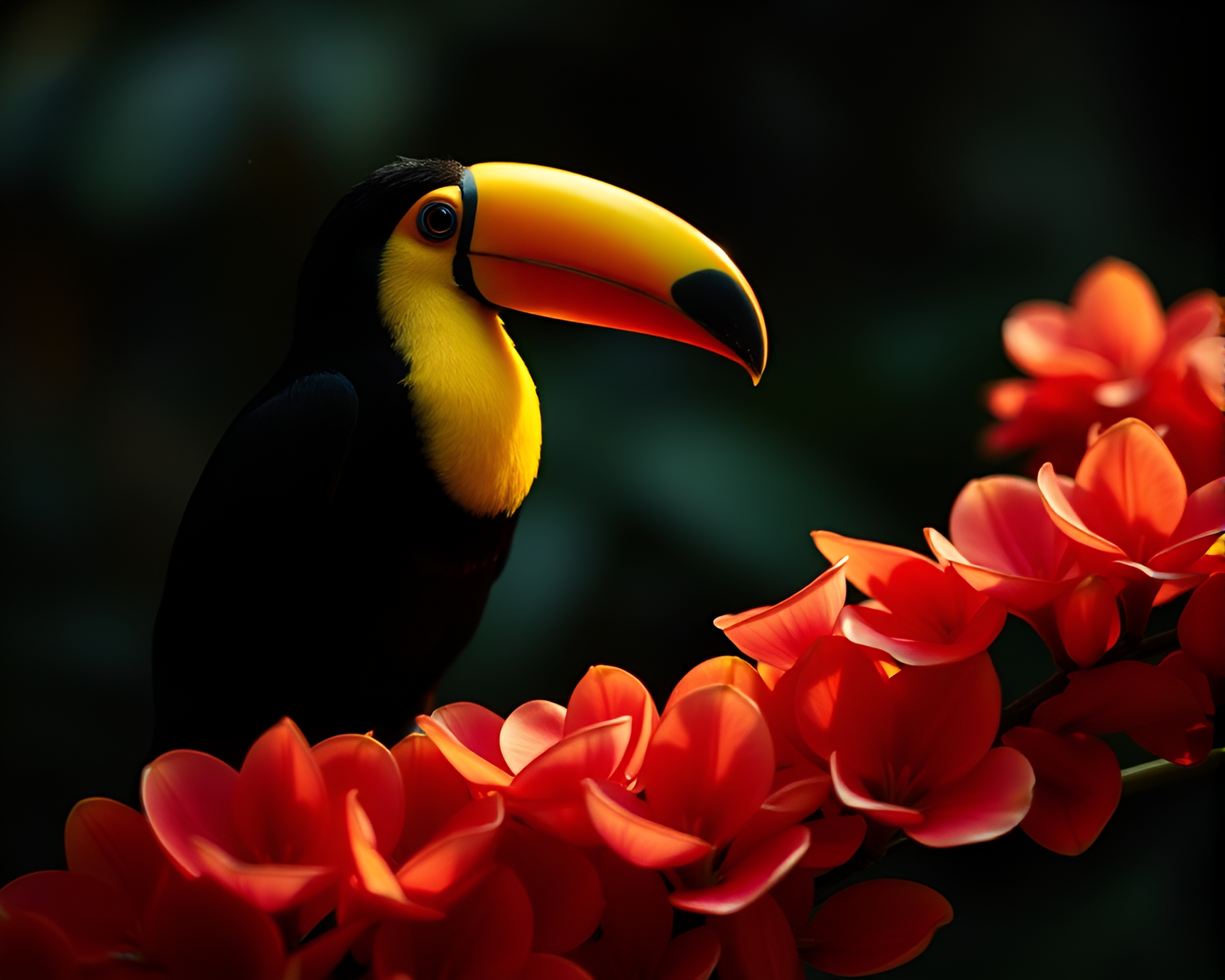 Toucan amongst scattered flower petals – free AI stock image