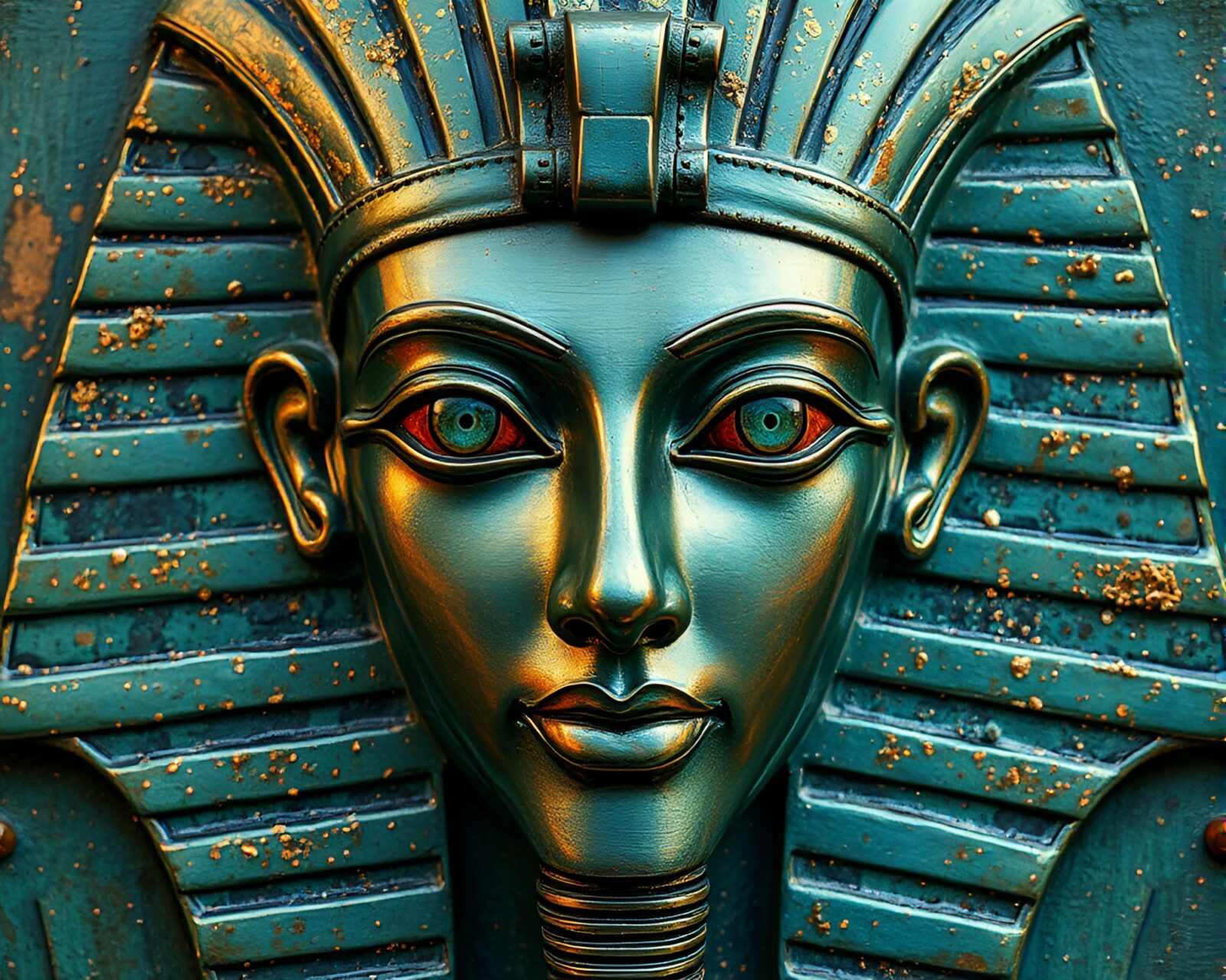 Intricate Egyptian mask with green patina and metallic shimmer