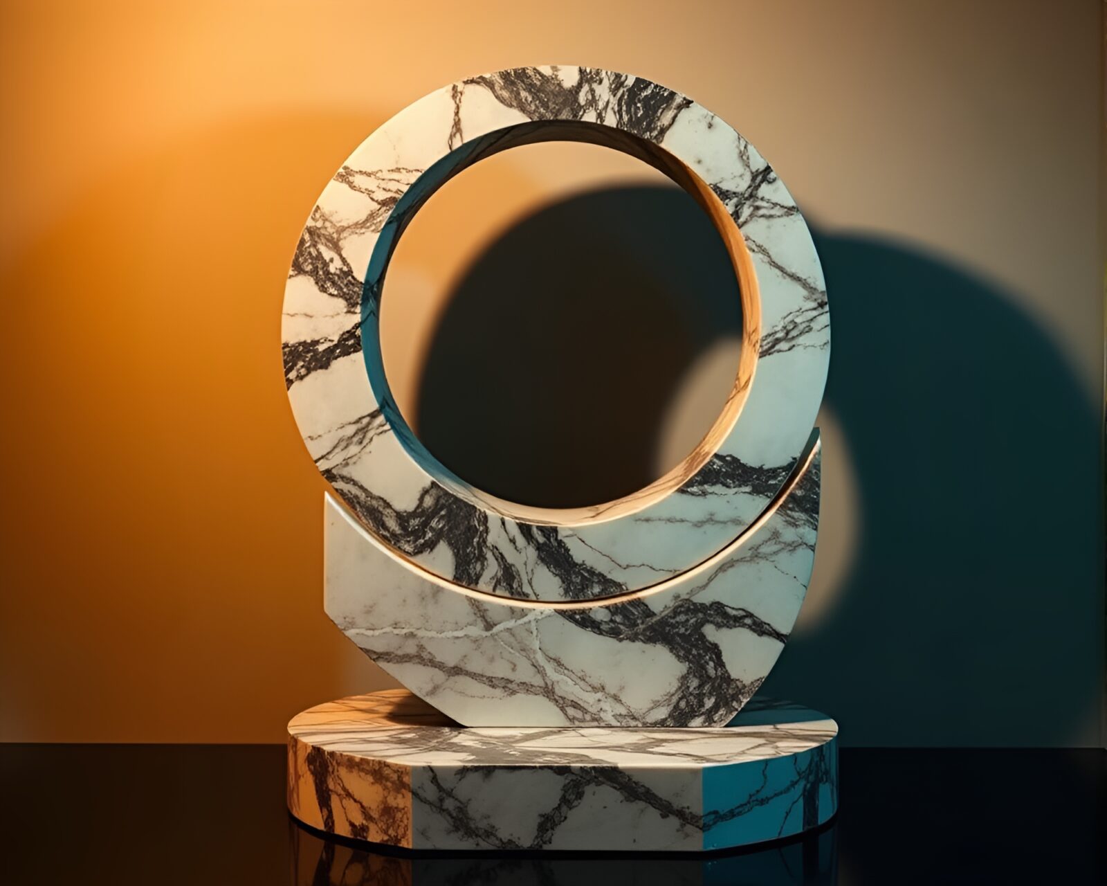 Marble sculpture in retro futuristic style casting eclipse shadows
