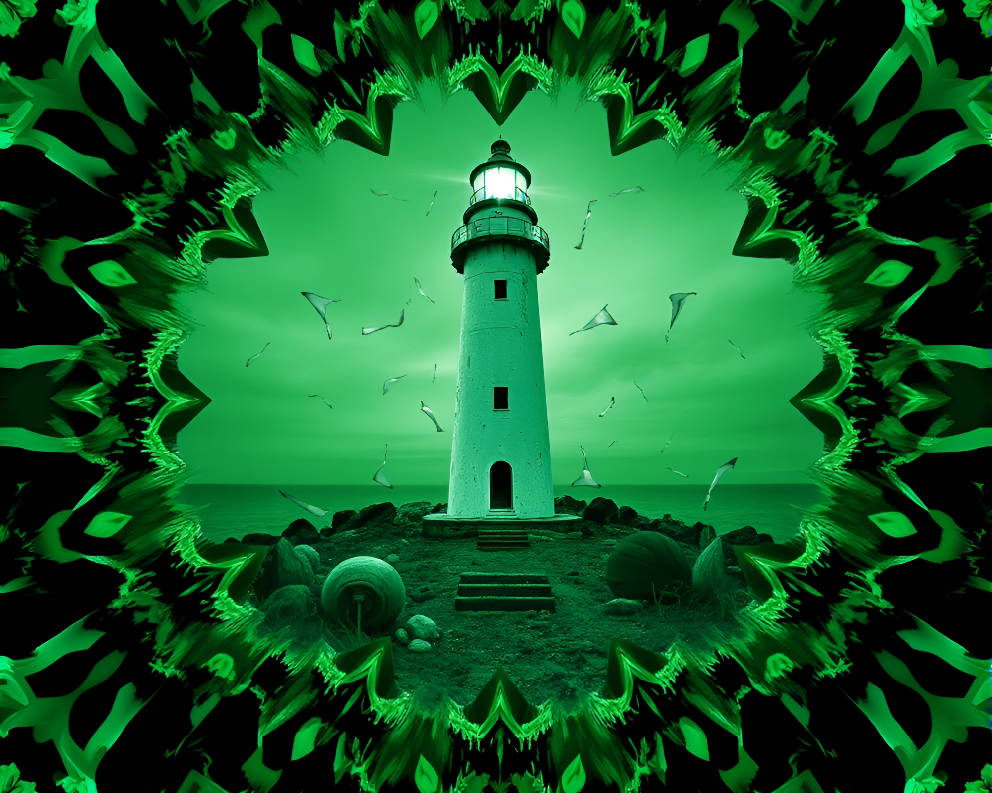 Abandoned Lighthouse in Holographic Kaleidoscope – free AI stock image