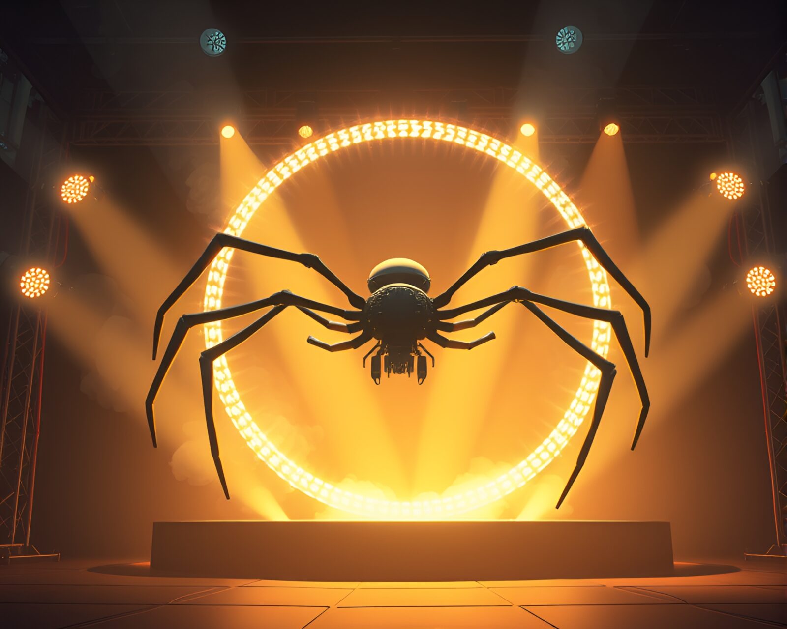 Cartoon-style spider surrounded by swirling smoke rings on stage