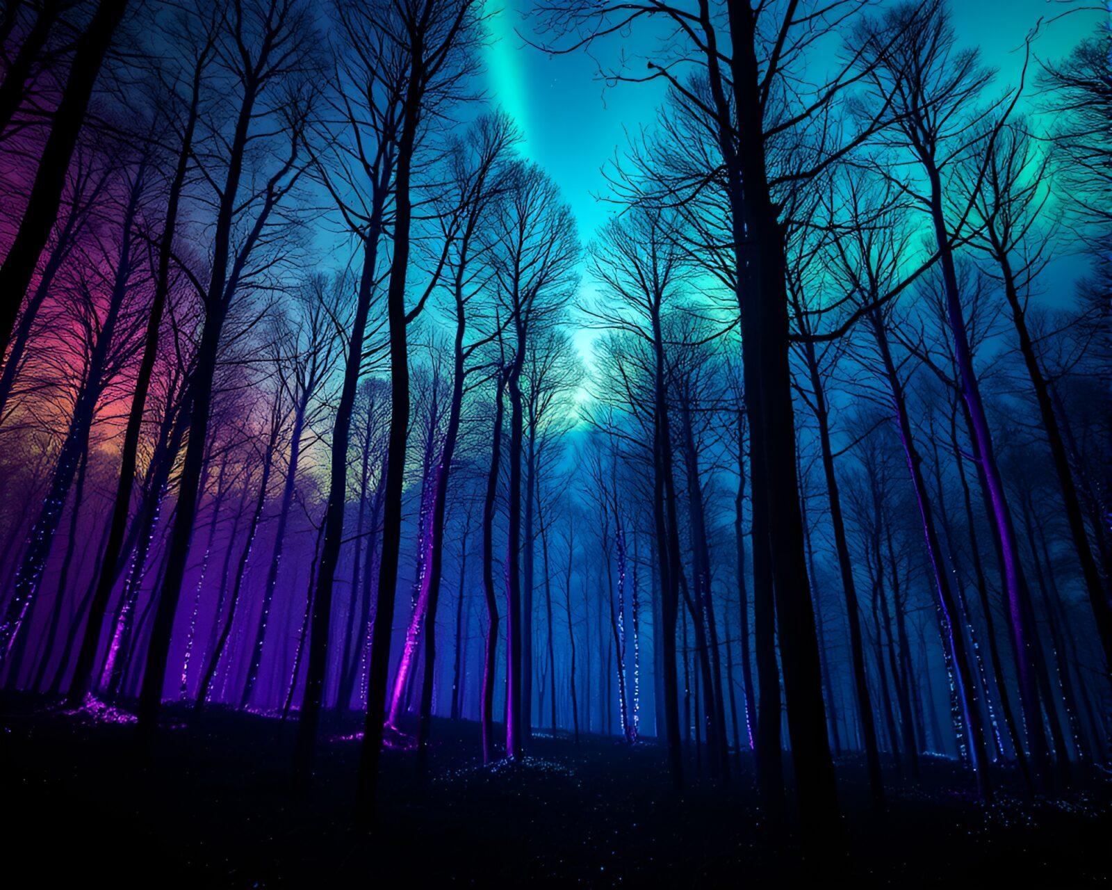 Stippled aurora hues flicker through enchanted forest scene